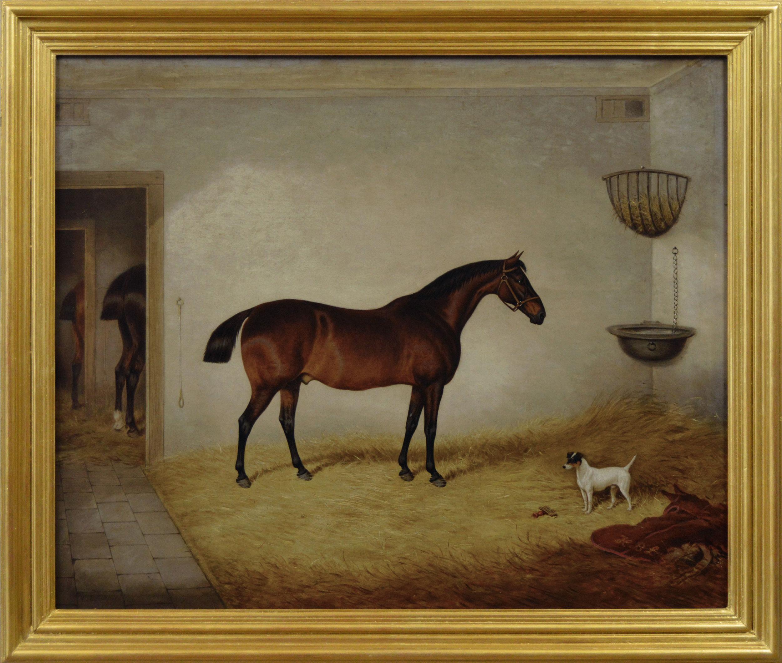 Peinture à l'huile du 19e siècle représentant un cheval bai et un terrier