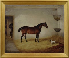 Antique 19th Century sporting horse portrait oil painting of a bay horse & terrier