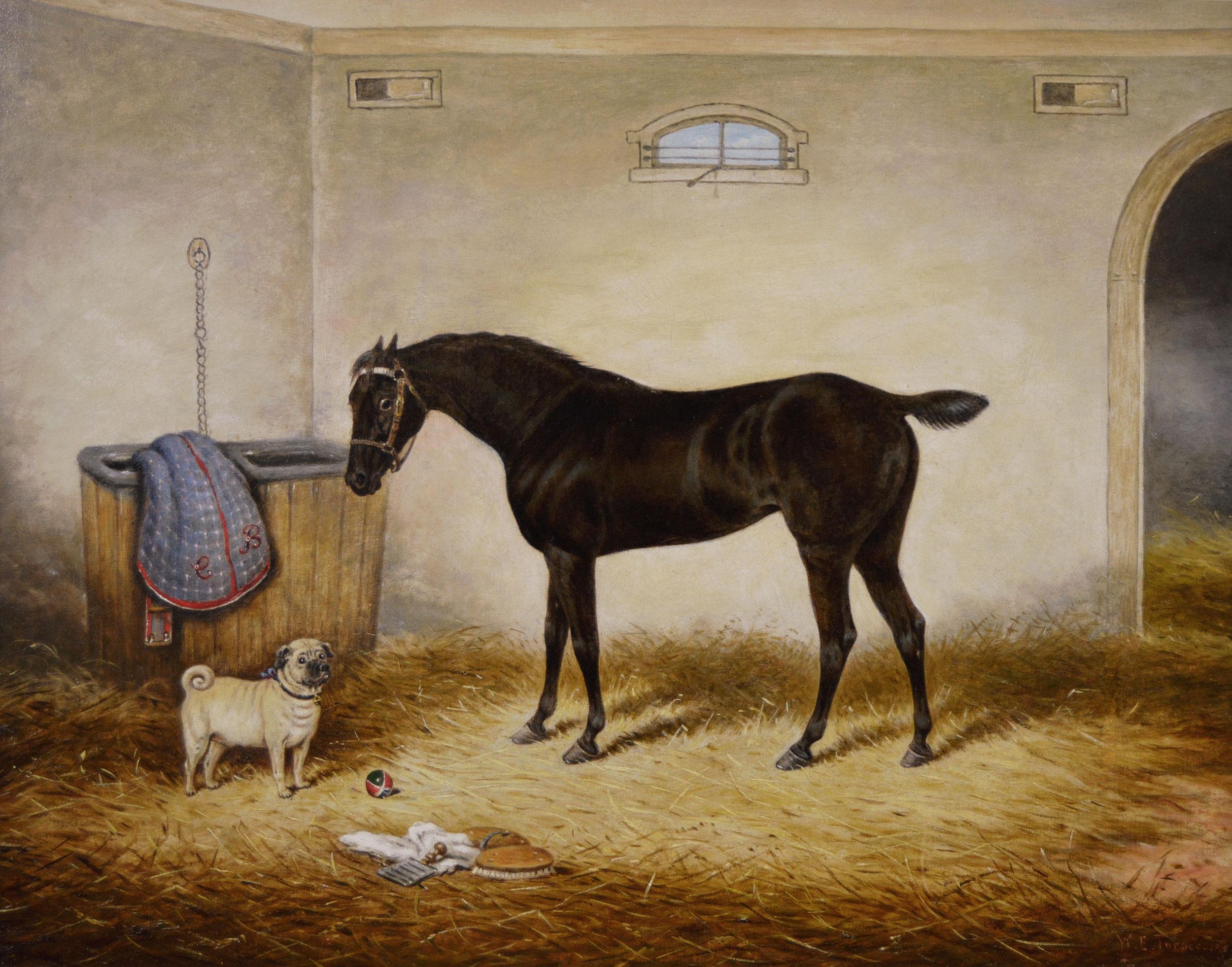 19th Century sporting horse portrait oil painting of a racehorse & pug - Painting by William Eddowes Turner