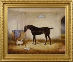Antique 19th Century sporting horse portrait oil painting of a racehorse & pug