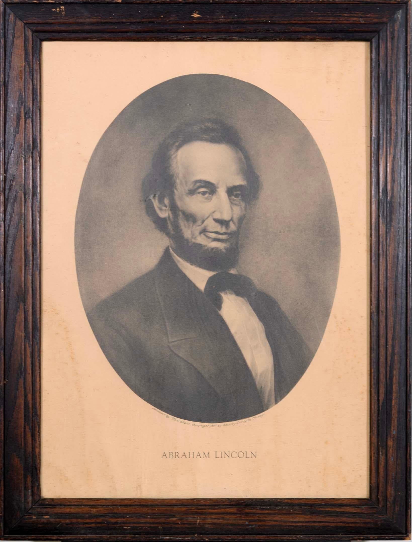 An antique vintage lithographic portrait of an engraving of Abraham Lincoln by William Edgar Marshall (after). Printed in 1917, Chicago: Berkley-Cardy Co. This engraving was praised for being the finest portrait ever done of Abraham Lincoln. From a