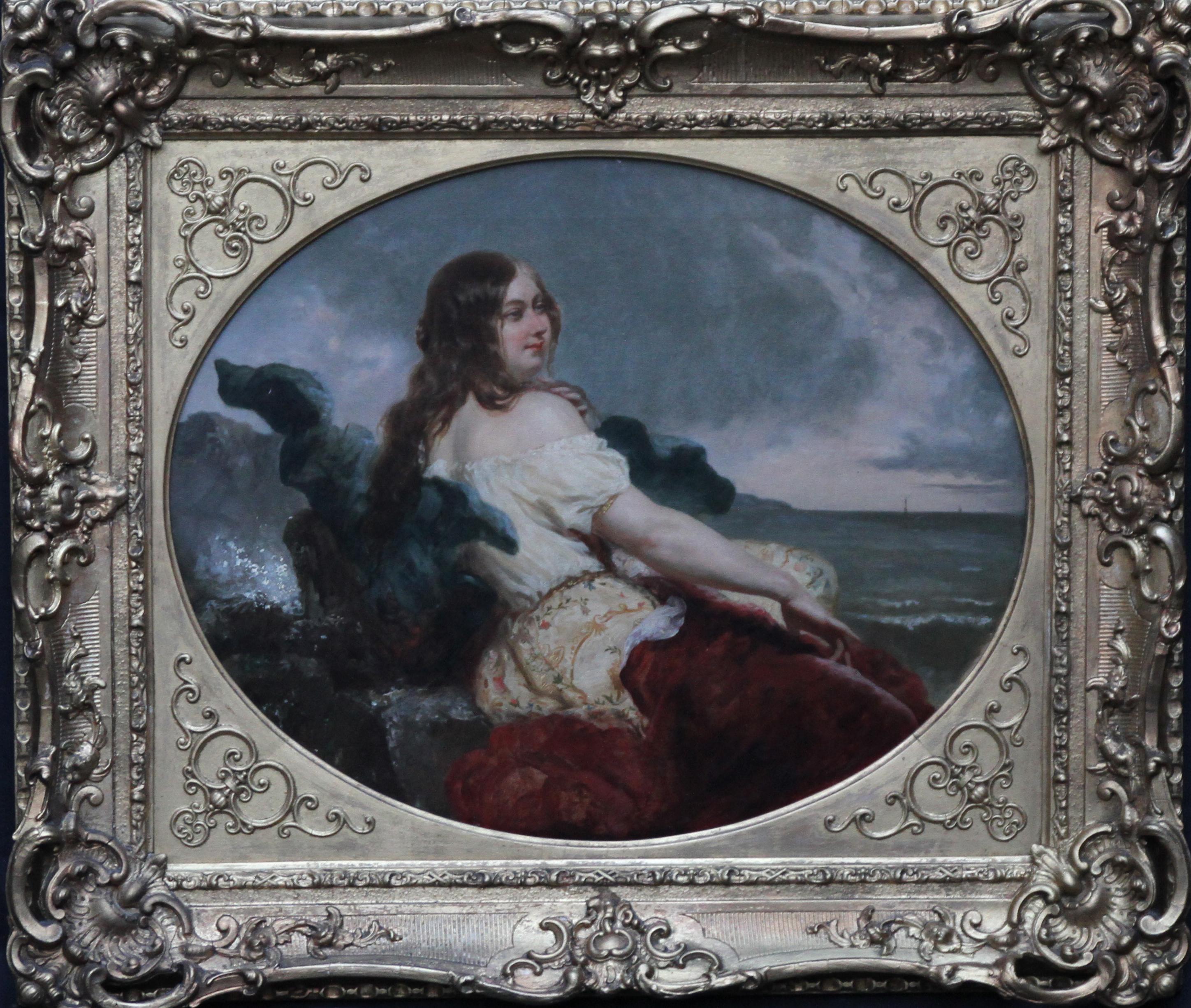 Portrait of a Young Woman at the Seashore - British Victorian art oil painting  For Sale 4