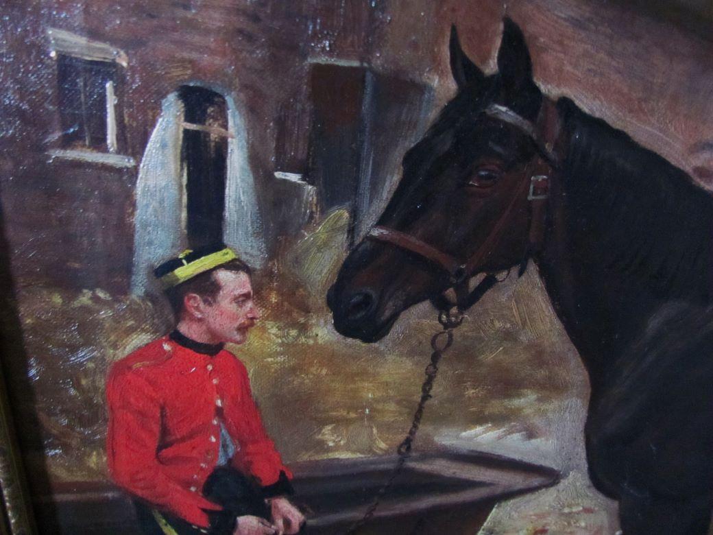 Portrait of a bay horse with army officer seated on a drinking trough, signed with monogram and and dated 81', inscribed verso 'by W E Milner, Gainsborough', oil on canvas.
The size overall being 44 x 57 cm (17.5 x 22.5 inches) whilst the image is