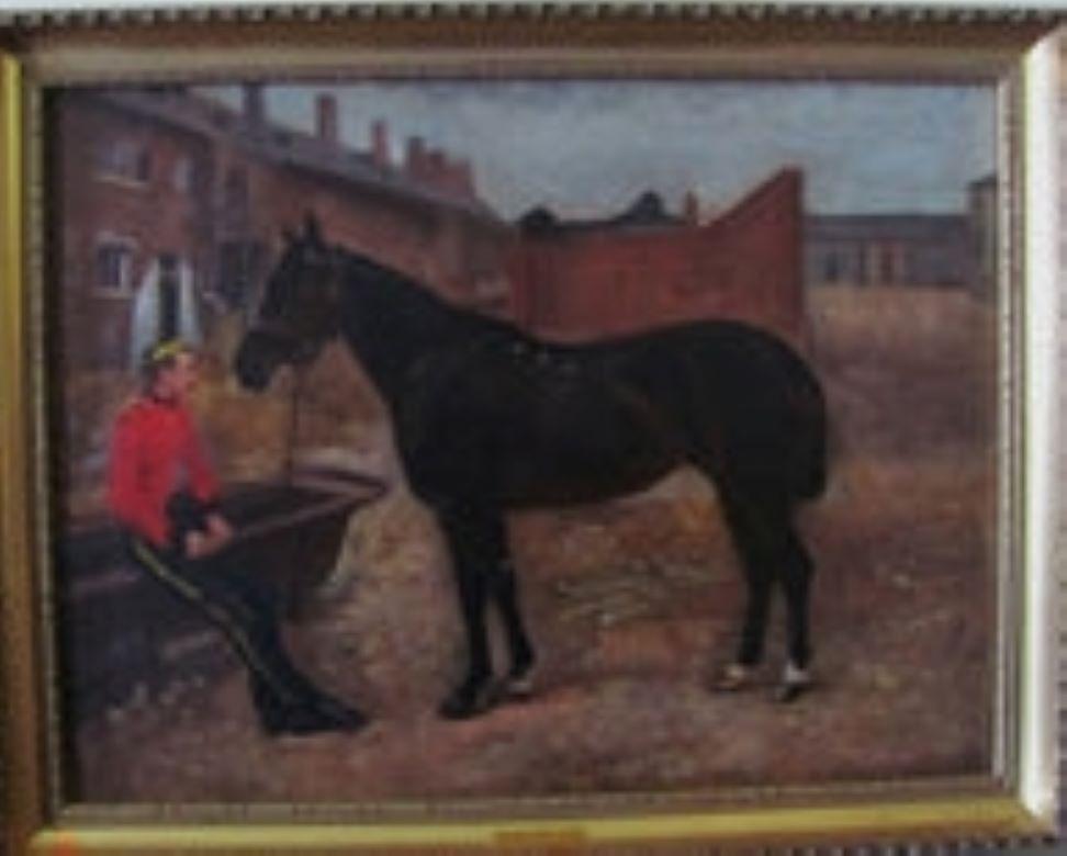 Portrait d'un cheval bai avec un officier de l'armée assis sur un abreuvoir, signé d'un monogramme et daté 81', inscrit au verso 'par W E Milner, Gainsborough', huile sur toile.
La taille totale est de 44 x 57 cm (17,5 x 22,5 pouces) tandis que