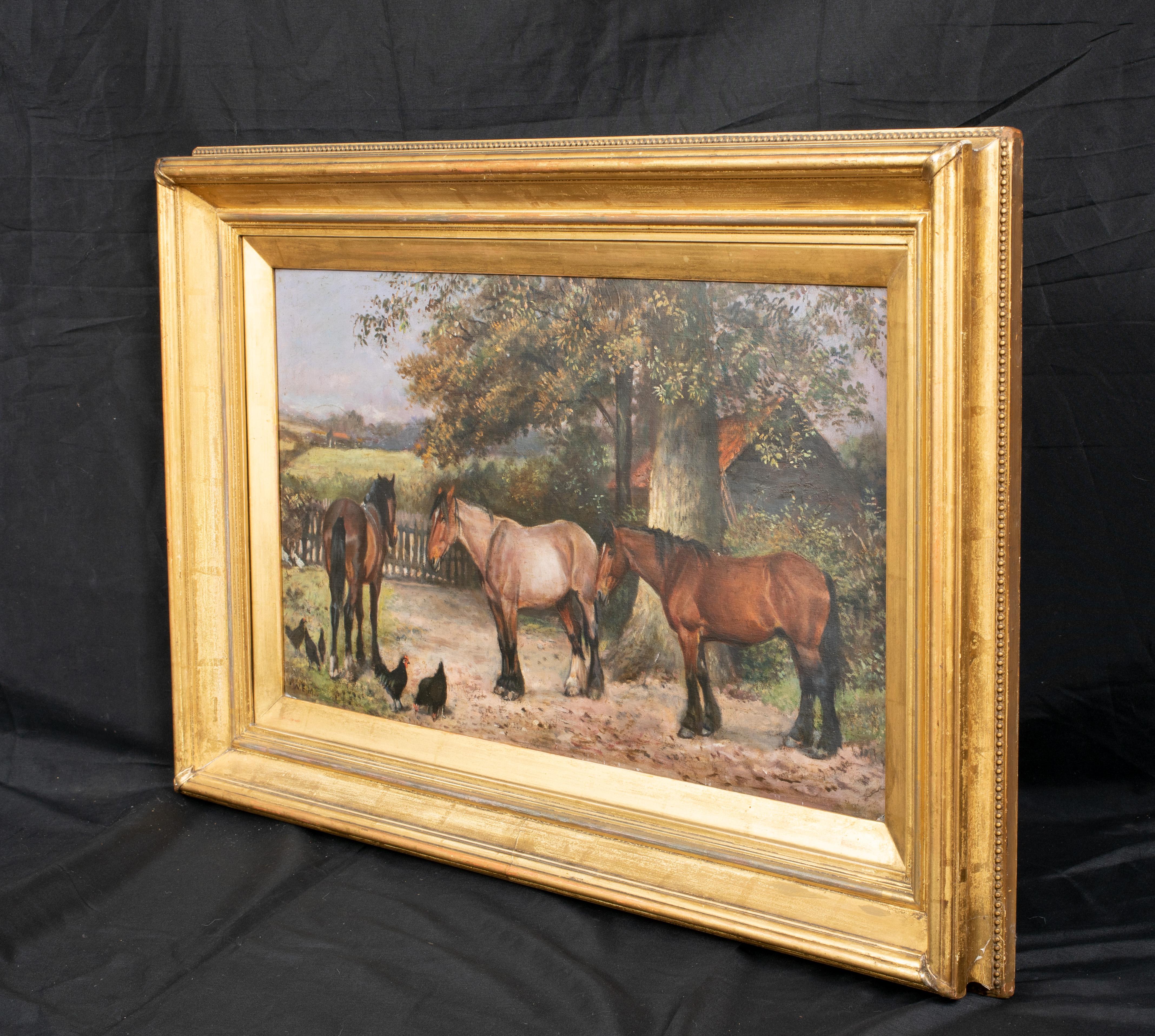 A Days Rest, 19th century 

by William Edward Millner (1849-1891)

Fine Large 19th Century English scene of draught horses resting in the yard, oil Lon canvas by William Edward Millner. Excellent quality and condition rare early depiction of draught