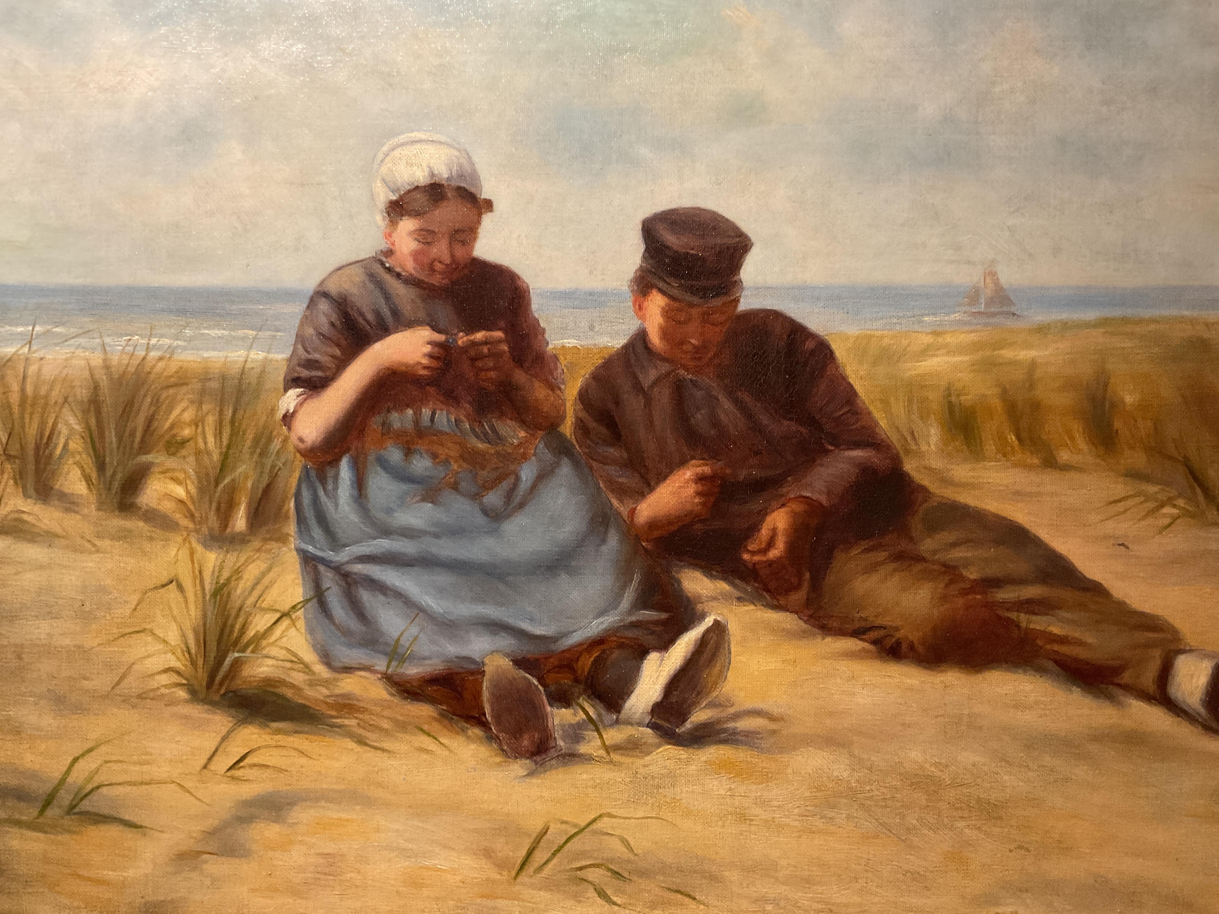 Charming Antique Beach Scene Oil Painting; attrib to Boston artist W.E. Norton - Brown Portrait Painting by William Edward Norton