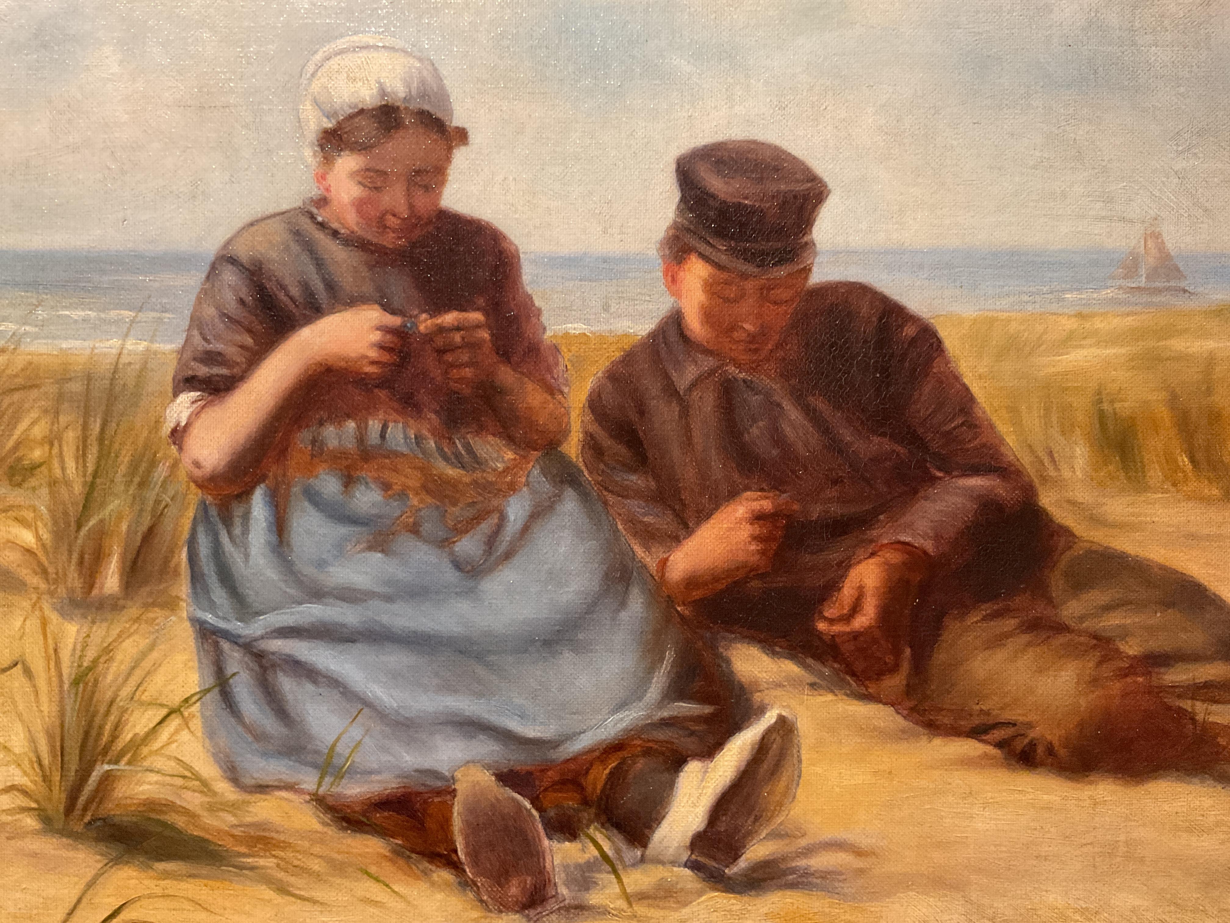 This bright summer beach painting holds a surprise if you look closely. What seems like a young couple just spending a day at the shore together, actually tells a story. The young woman is looking intently at a ring.  Surely the young man with her