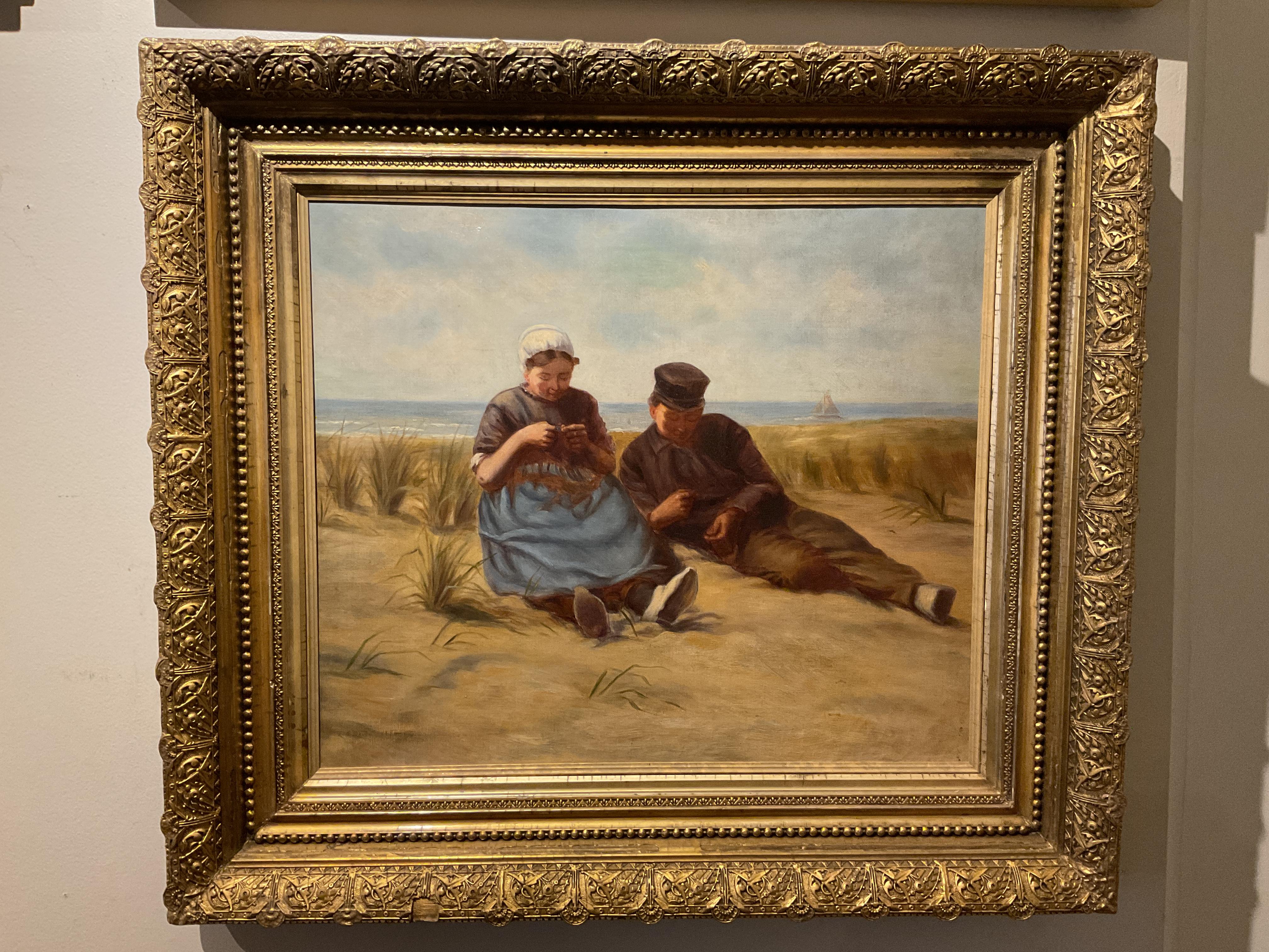 Charmante peinture à l'huile ancienne d'une scène de plage ; attribuée à l'artiste de Boston W.E. Norton