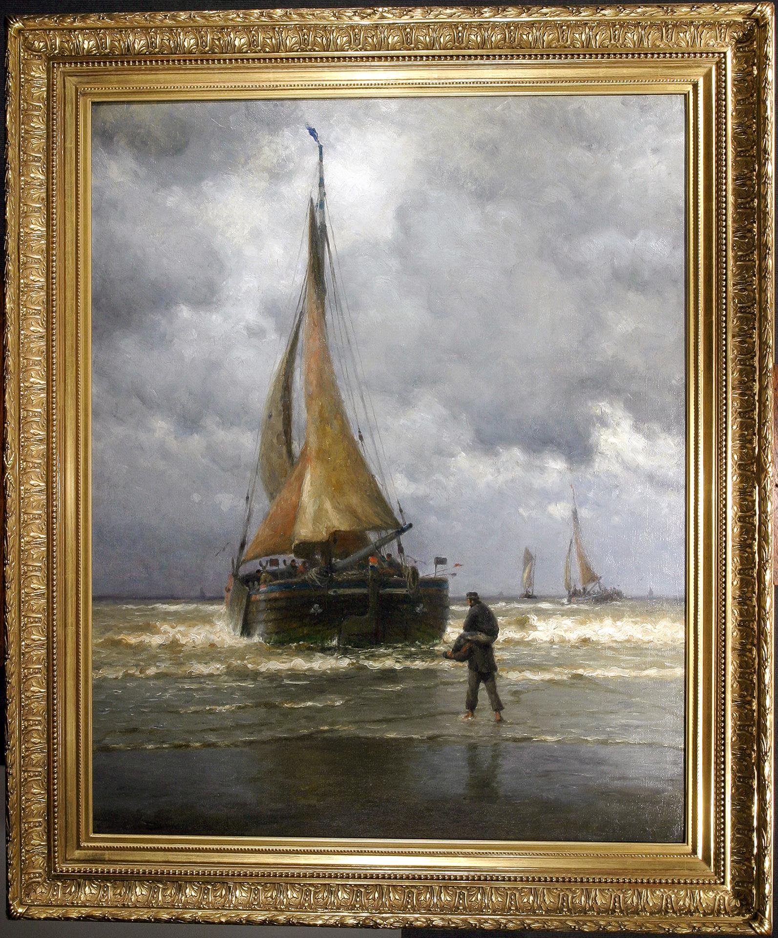 Sur la côte de la Hollande, des bateaux de pêche prêts à la mer - Painting de William Edward Norton