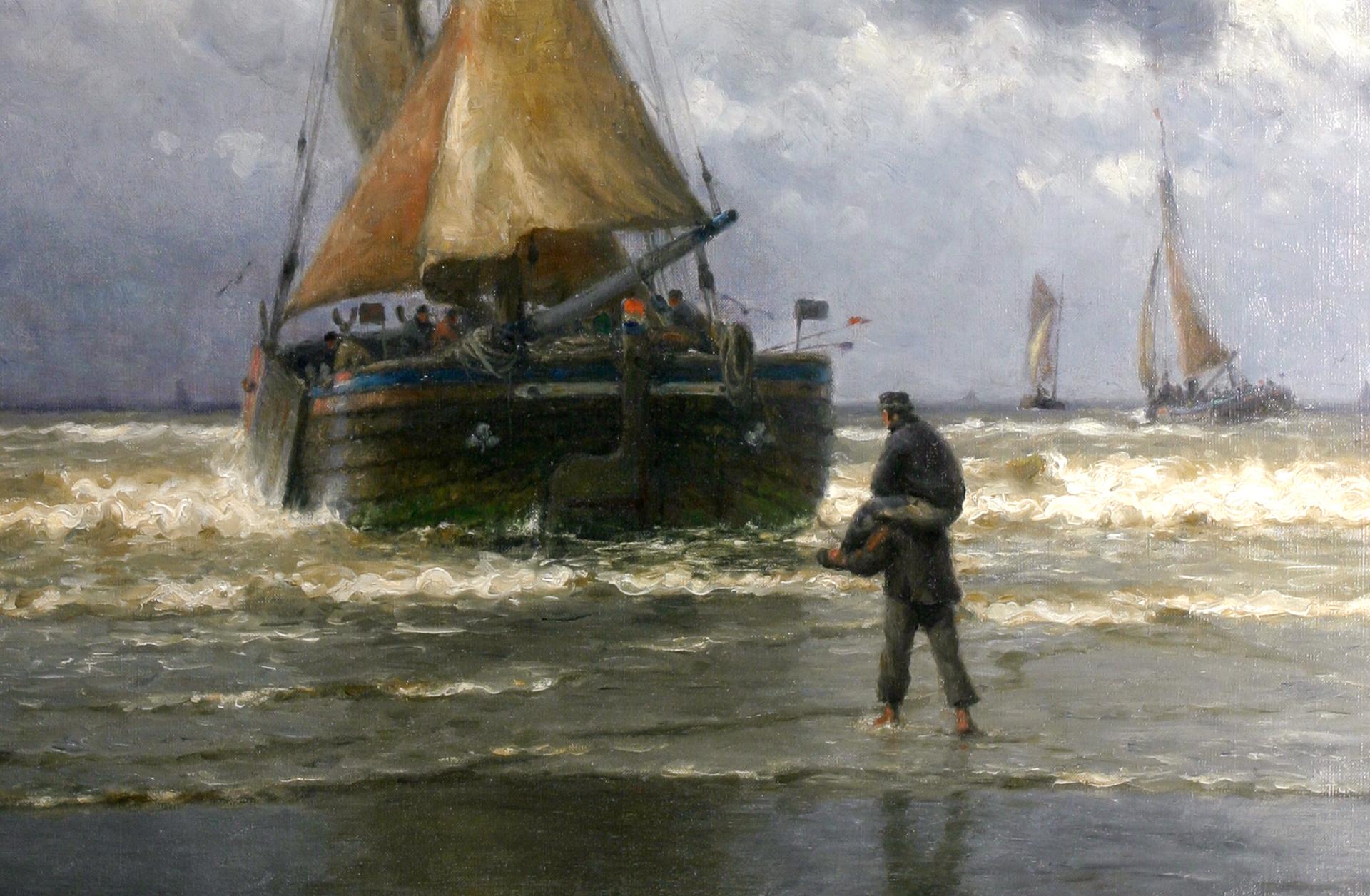 Sur la côte de la Hollande, des bateaux de pêche prêts à la mer - Autres styles artistiques Painting par William Edward Norton