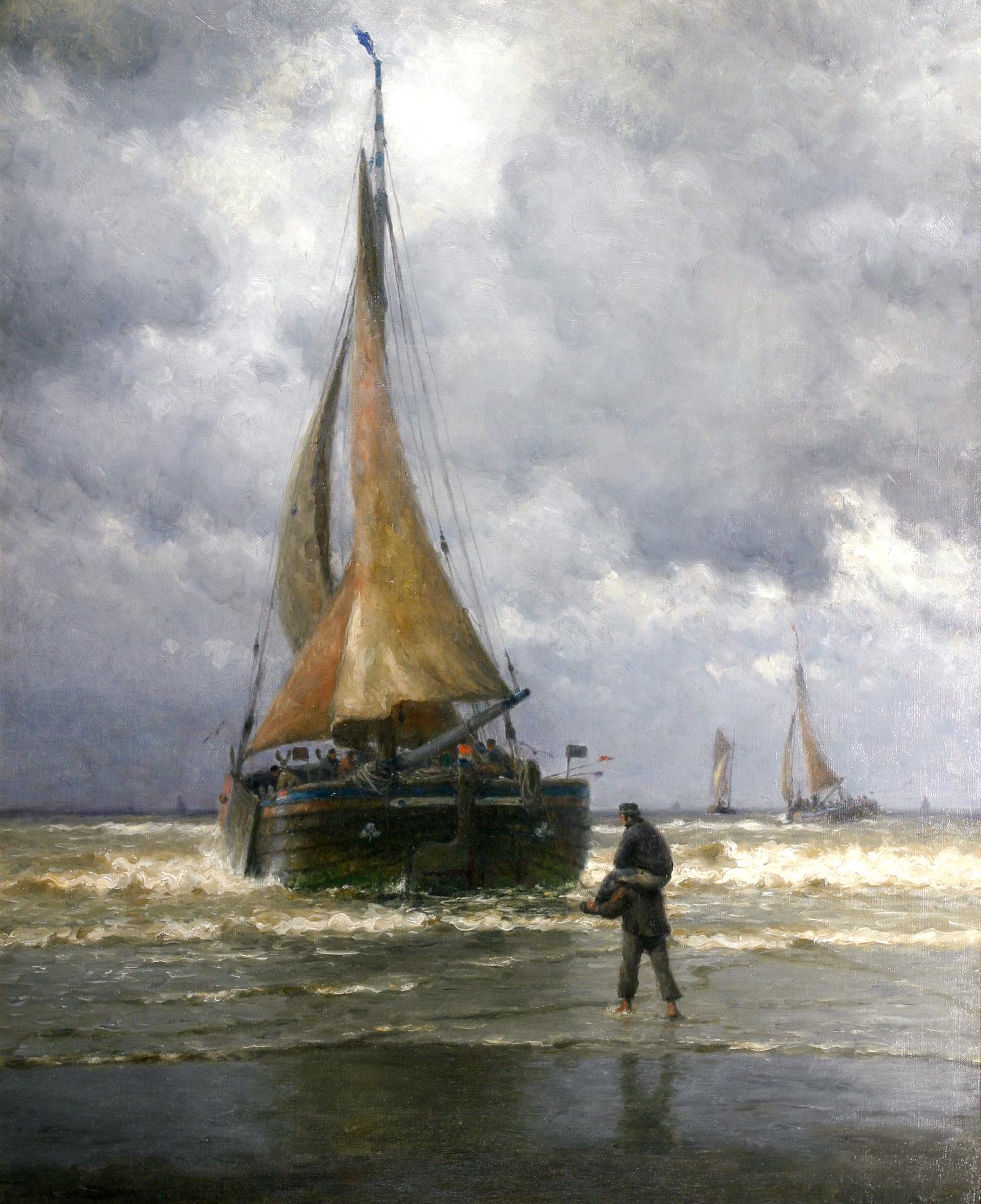 Landscape Painting William Edward Norton - Sur la côte de la Hollande, des bateaux de pêche prêts à la mer