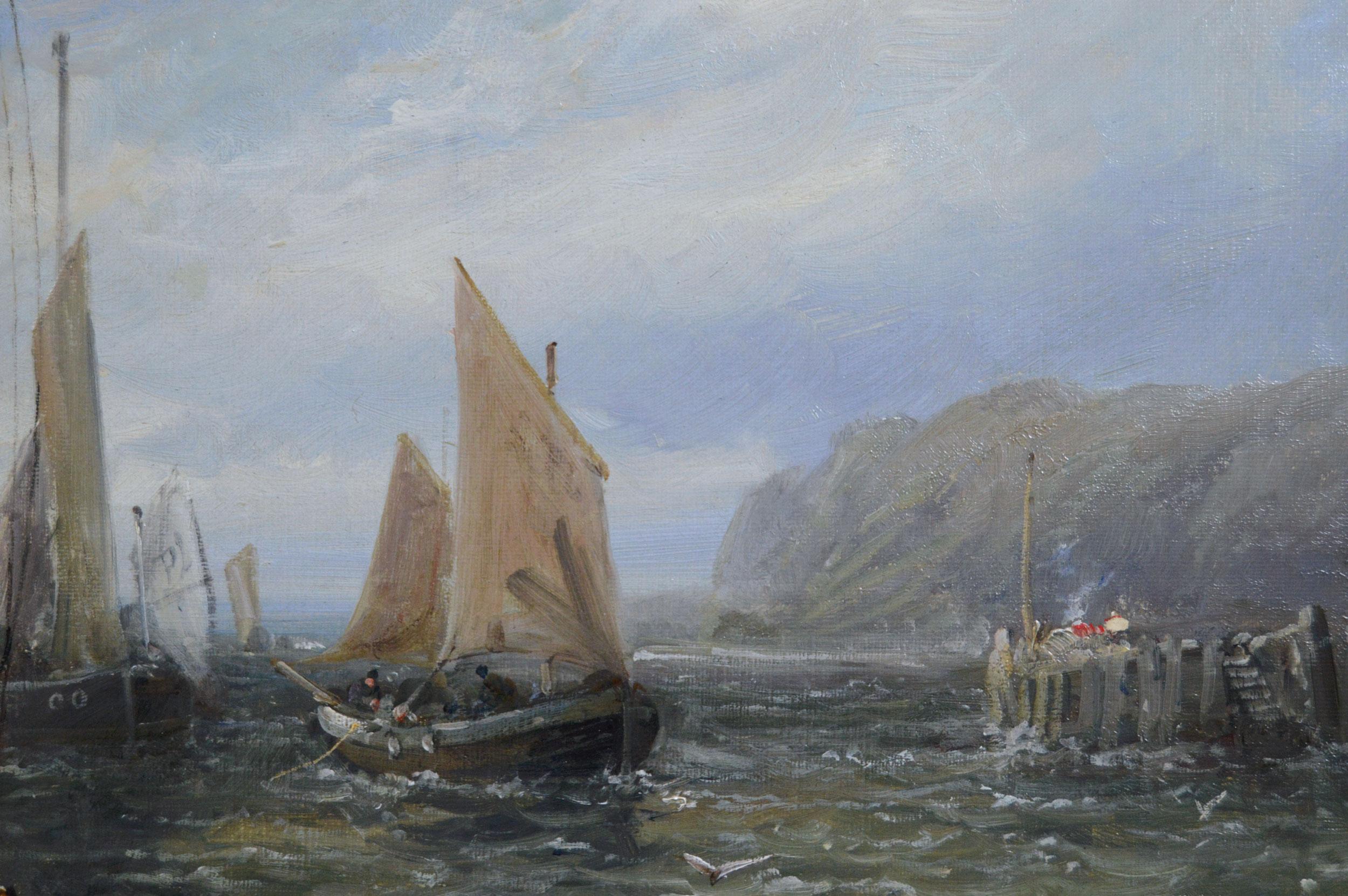 19th Century seascape oil painting of Douglas Harbour, Isle of Man - Brown Landscape Painting by William Edward Webb