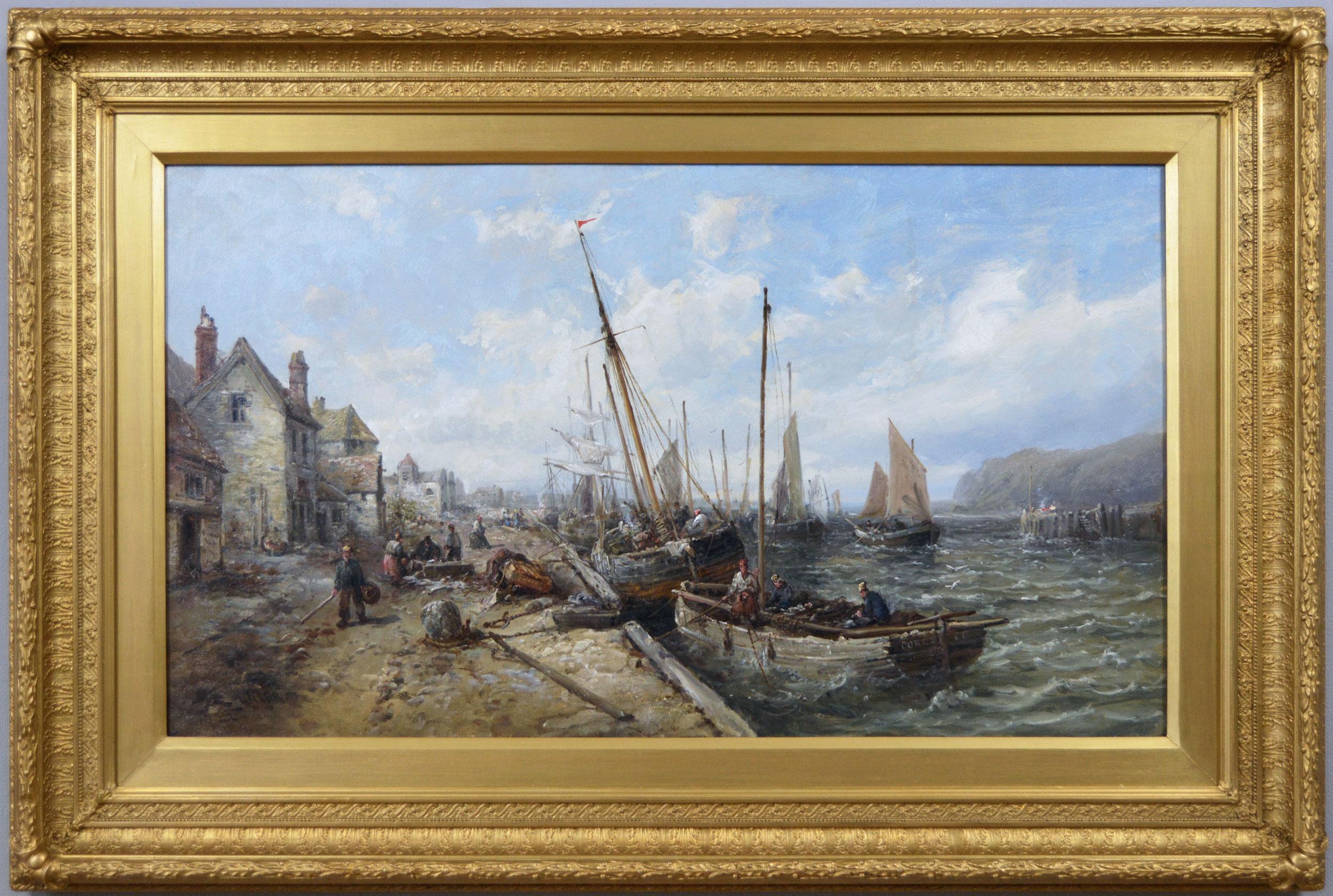 Peinture à l'huile du 19e siècle représentant le port de Douglas, Isle Of You.