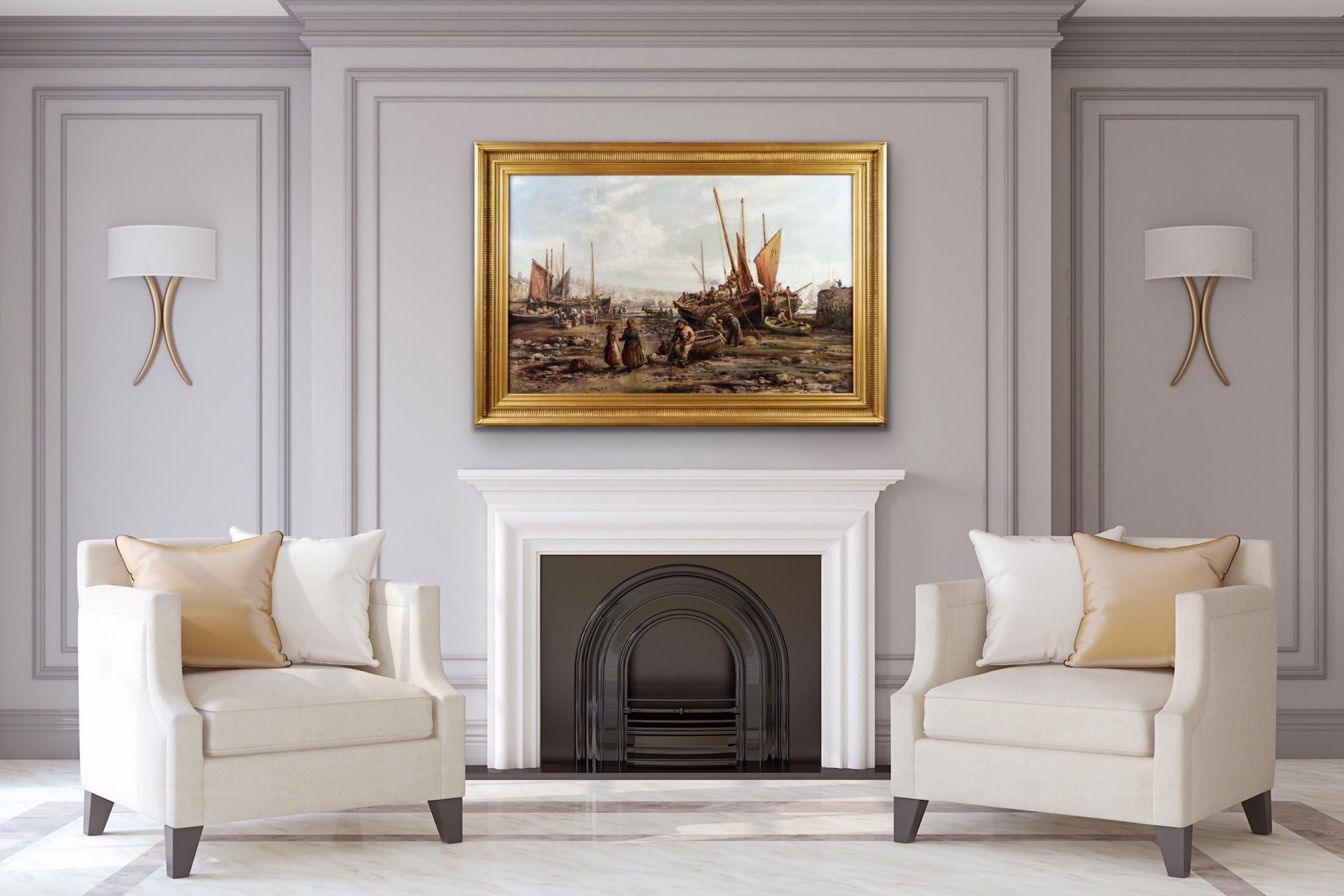 Peinture à l'huile du 19e siècle représentant un paysage marin du port de Penzance, Cornouailles en vente 3
