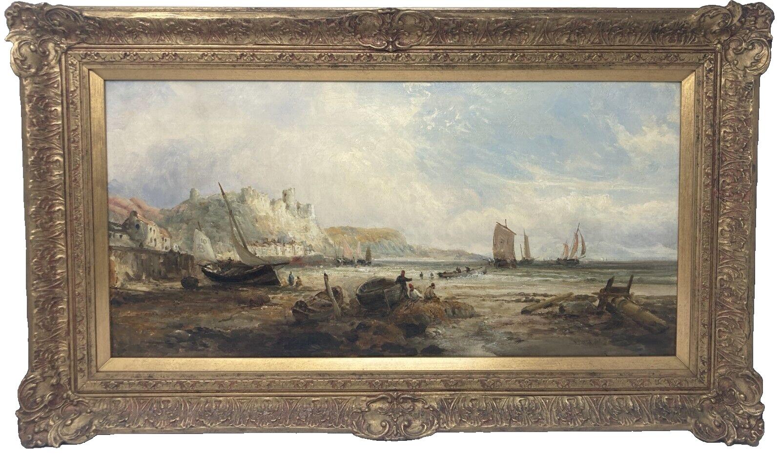 Le château d'Hastings depuis la plage  huile William  Edward Webb
Belle huile sur toile du XIXe siècle représentant le château d'Hastings depuis la plage avec des pêcheurs et des bateaux.
Signé et daté W.E.WEBB 89 en bas à droite.
Les dimensions du