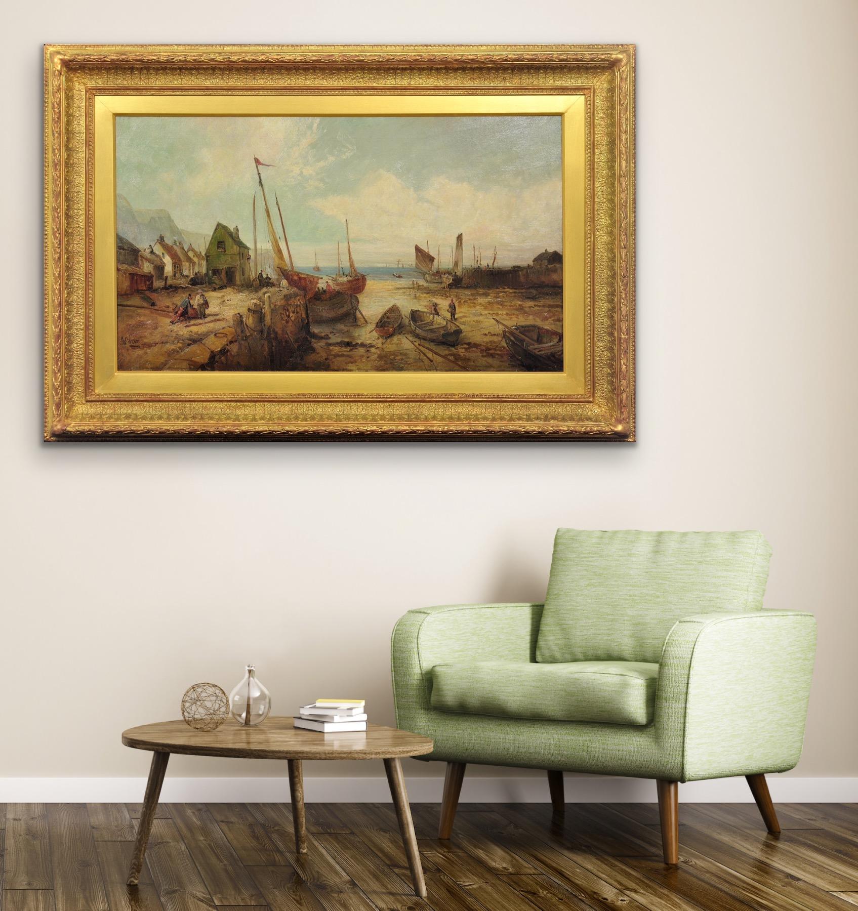 Peel Harbor Isle Of Man 1890s Framed IOM Manx Seascape & Landscape Oil Painting For Sale 16