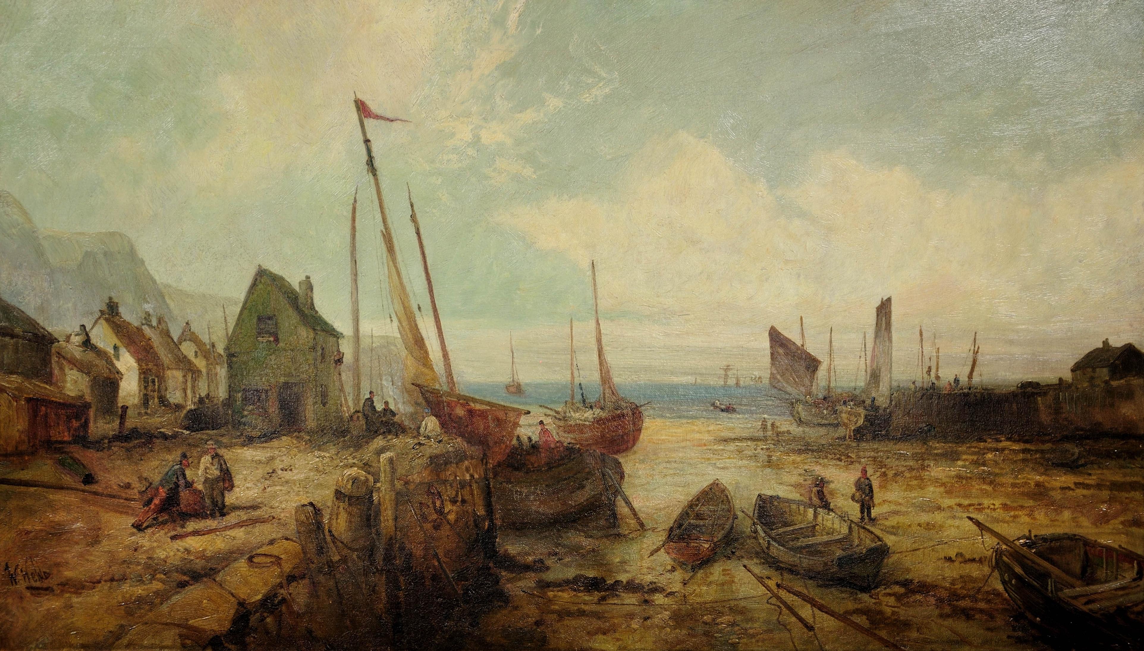 Peel Harbor Isle Of Man 1890s Framed IOM Manx Seascape & Landscape Oil Painting - Brown Landscape Painting by William Edward Webb