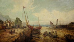 Peel Harbor Isle Of Man 1890s Framed IOM Manx Seascape & Landscape Oil Painting