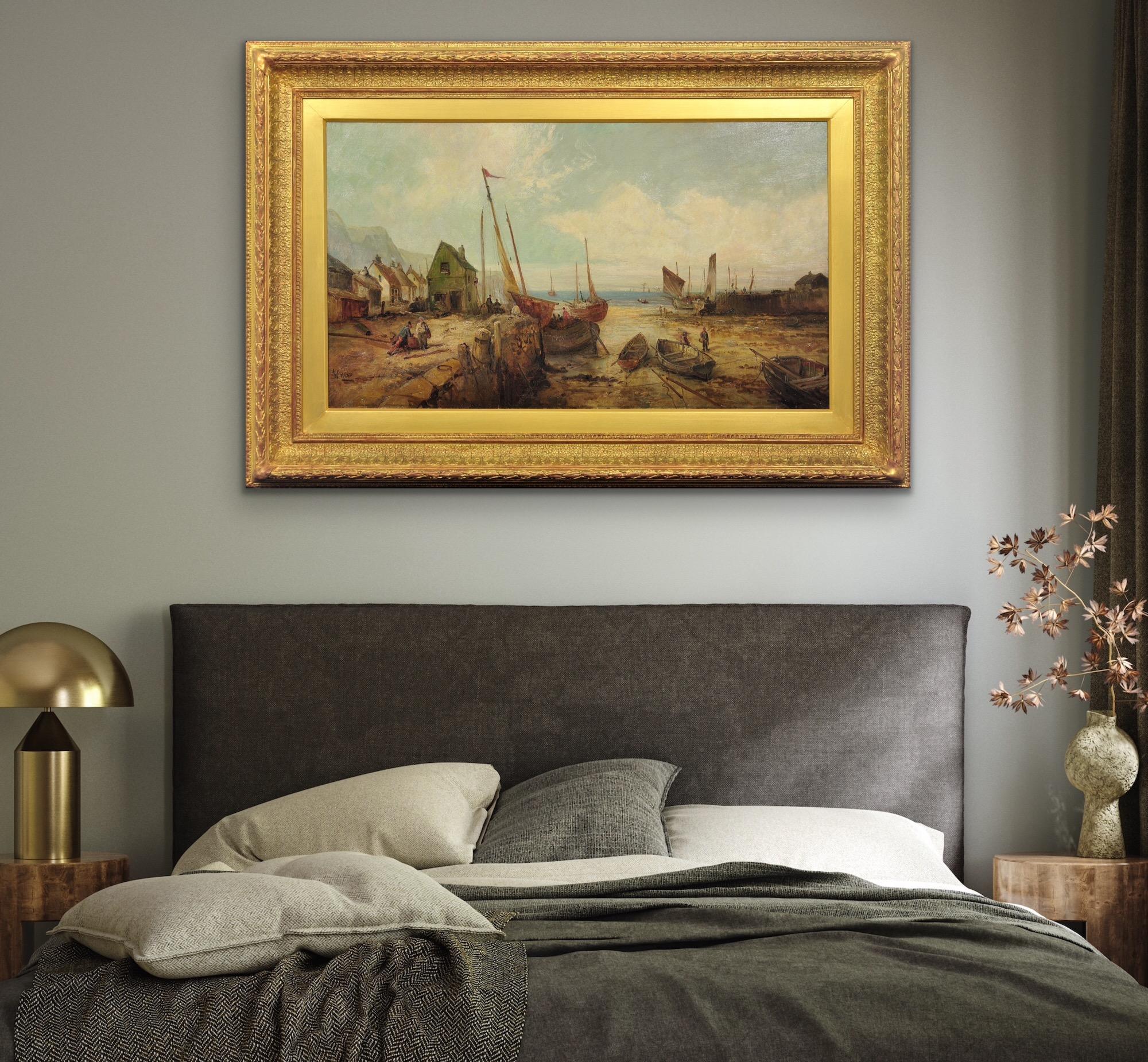 Peel Harbor Isle Of Man 1890s Framed IOM Manx Seascape & Landscape Oil Painting For Sale 5