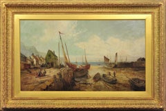 Peel Harbor Isla de Man 1890s Pintura al óleo enmarcada Paisaje marino y paisajístico de la Isla de Man