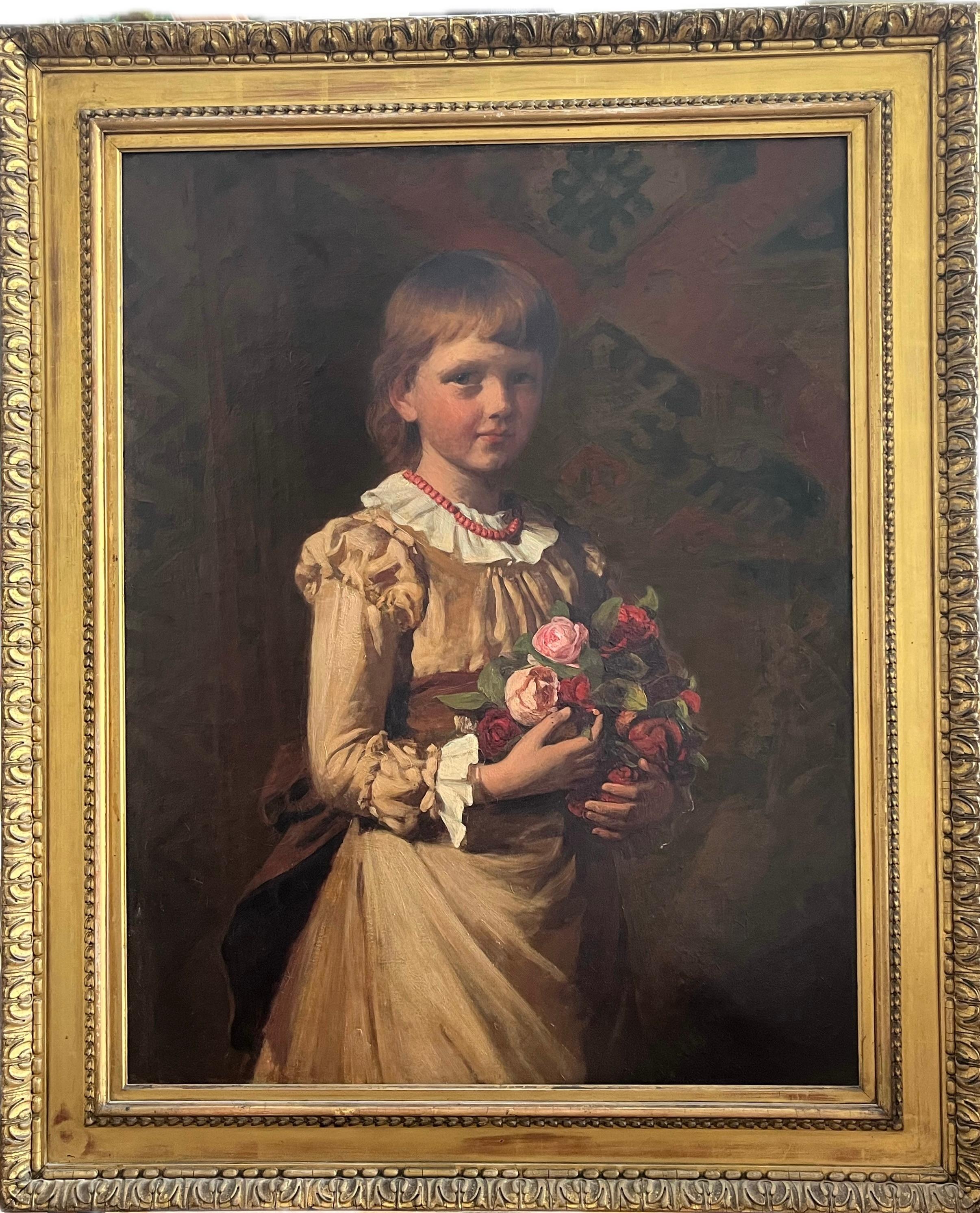 Very Large Full length portrait of a young lady with a posy of flowers - Painting by William Edwards Miller