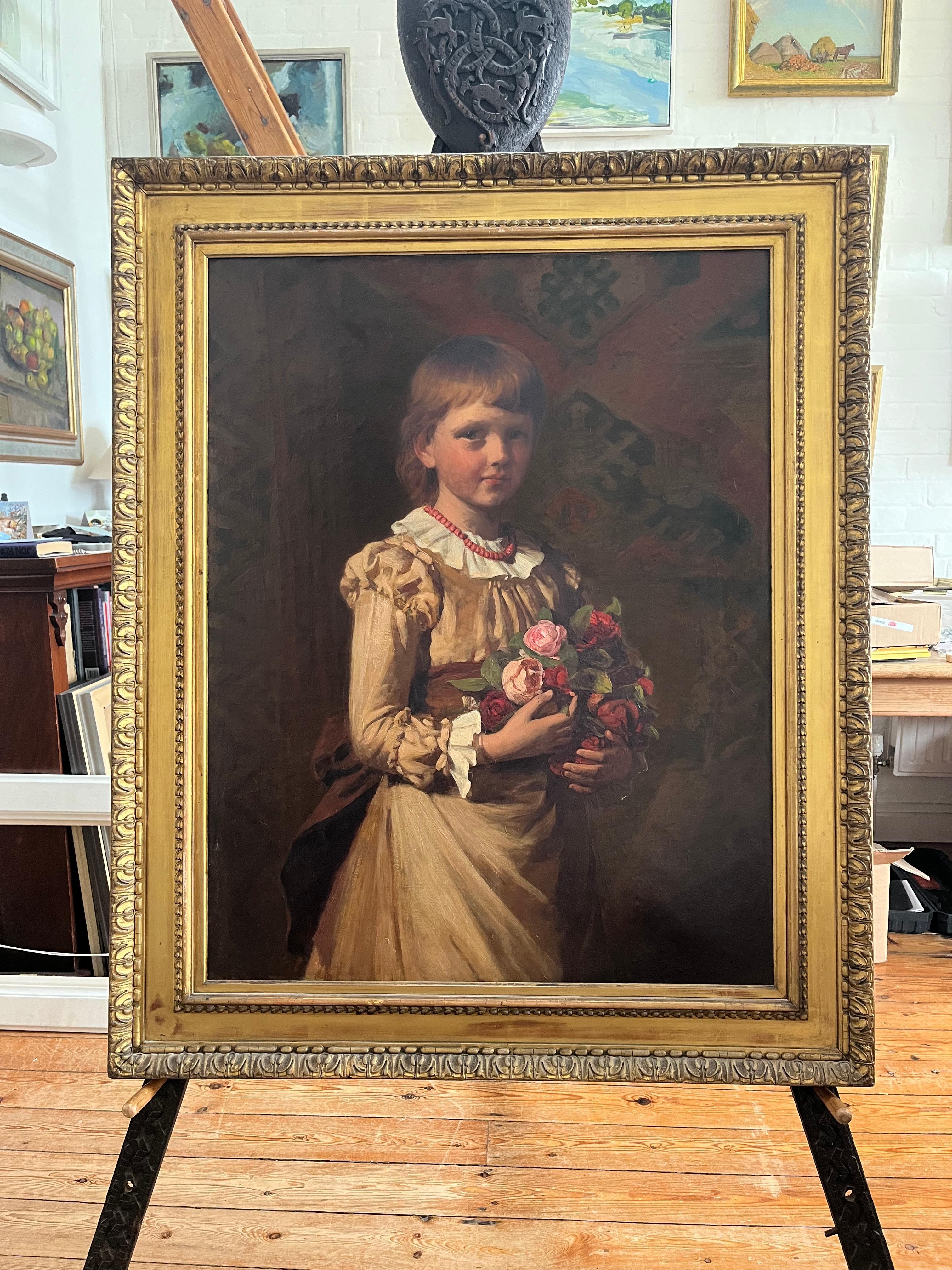 Very Large Full length portrait of a young lady with a posy of flowers - Victorian Painting by William Edwards Miller