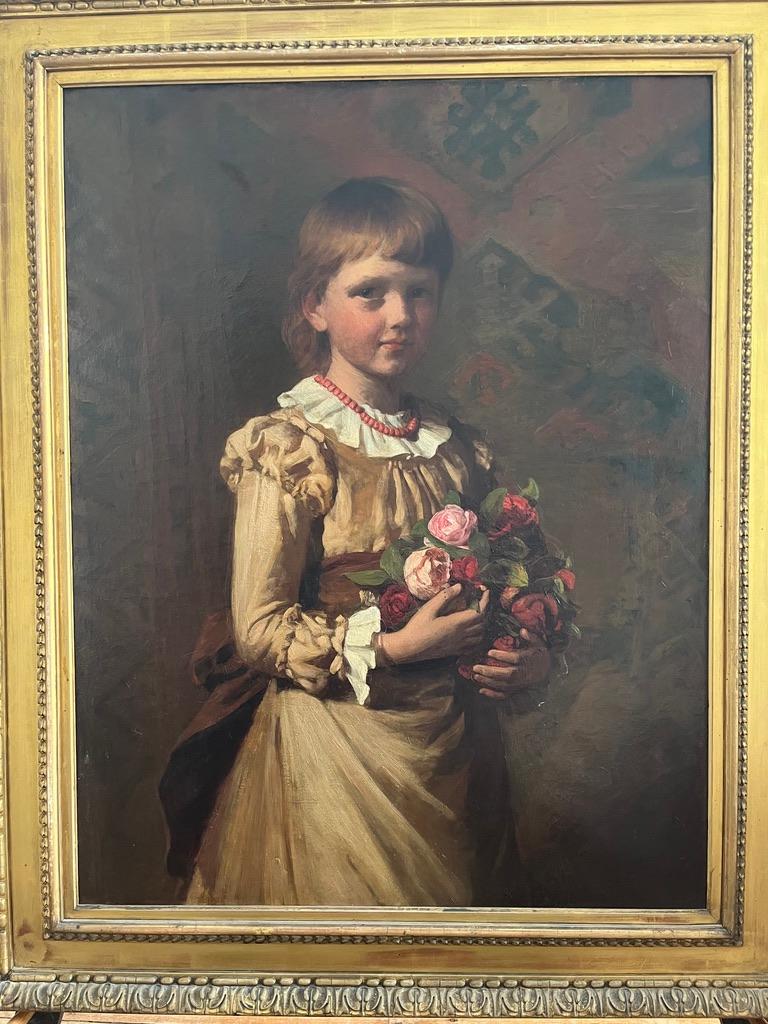 A very engaging portrait of a pretty young girl holding a posy of flowers. On a large scale, this impressive piece would add grandeur to a hall or drawing room.

William Edwards Miller (1851-1940)
Portrait of a young girl with a posy of