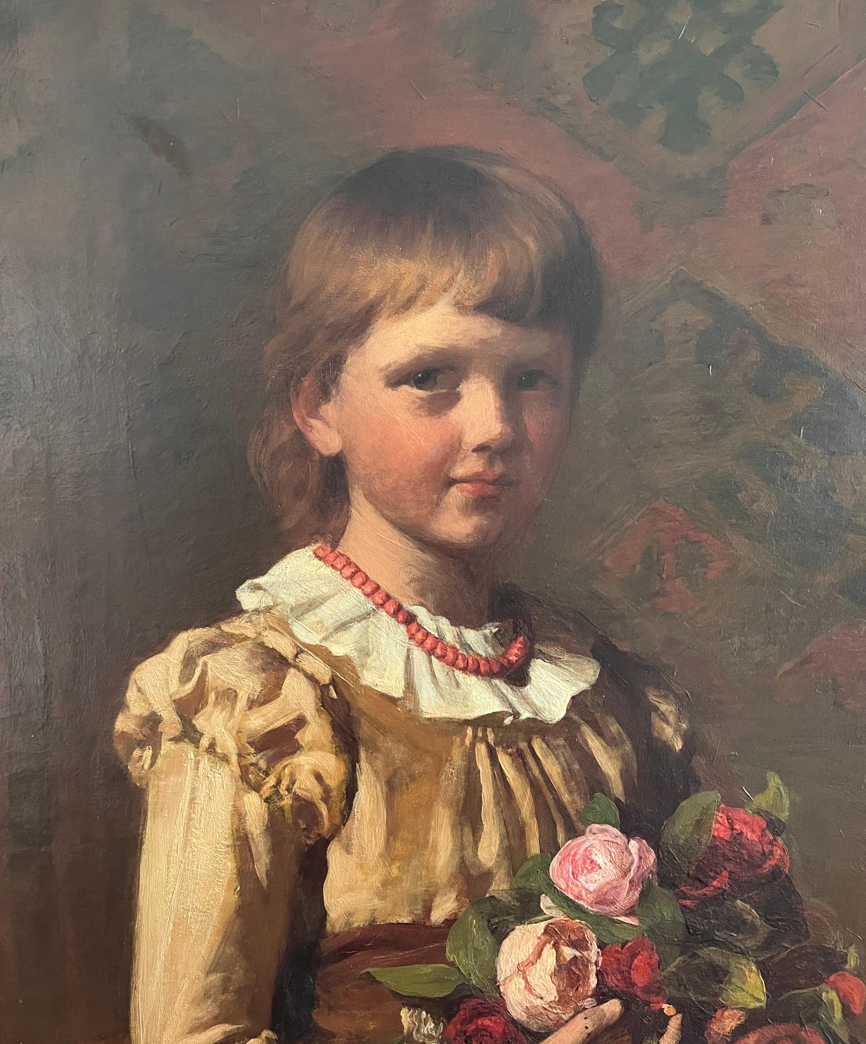 Very Large Full length portrait of a young lady with a posy of flowers For Sale 1
