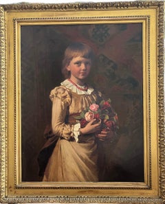 Antique Very Large Full length portrait of a young lady with a posy of flowers