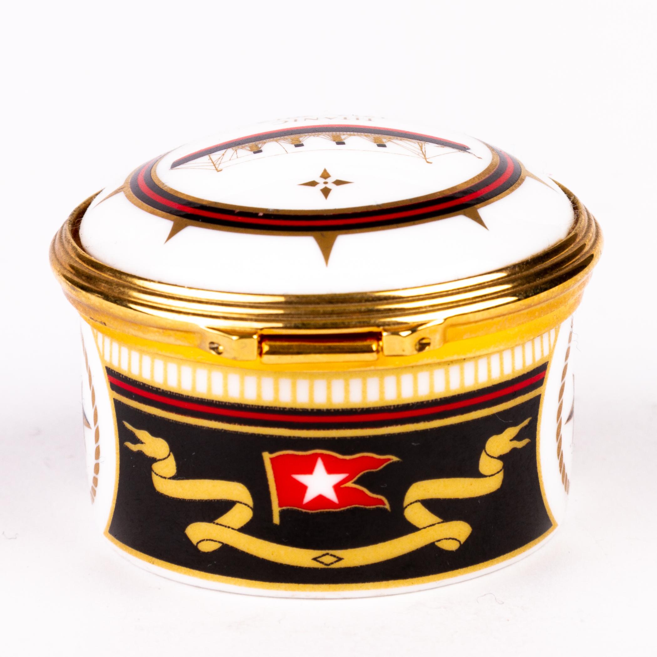 20th Century William Edwards Titanic Nautical Interest 24KT Gold Porcelain Pillbox  For Sale
