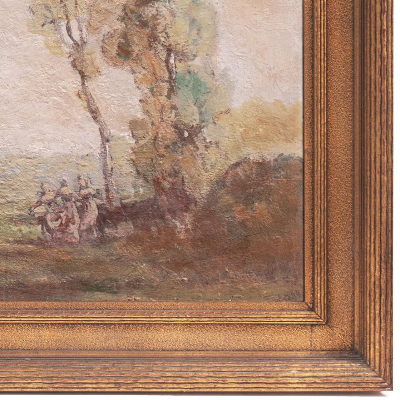 'Nymphs at Dusk', Art Nouveau, Arts and Crafts, Tonalist Oil, Three Graces, AIC - Brown Landscape Painting by William Emerson