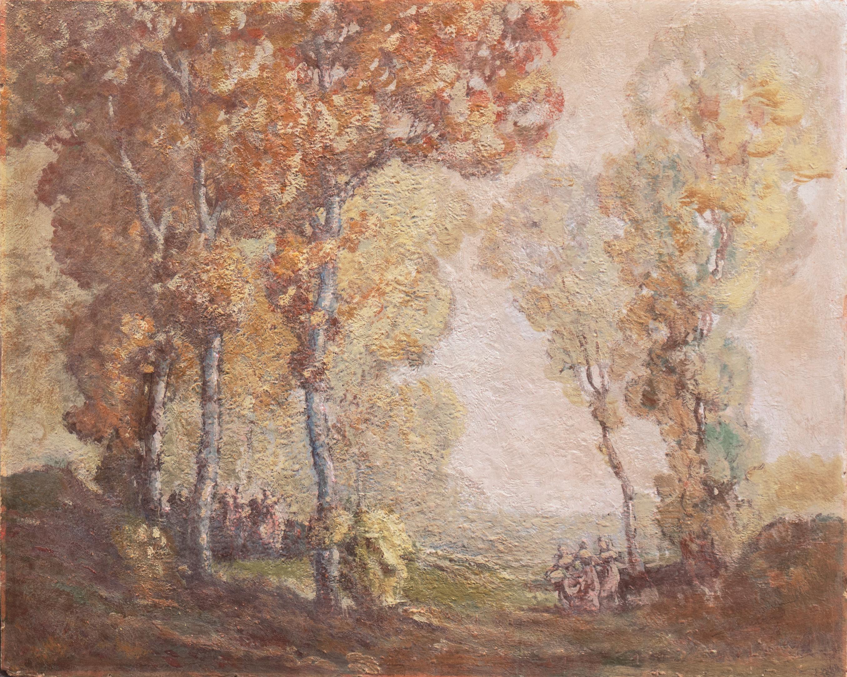 Landscape Painting William Emerson - Nymphes au crépuscule", Art nouveau, Arts and Crafts, Huile tonaliste, Trois Grâces, AIC