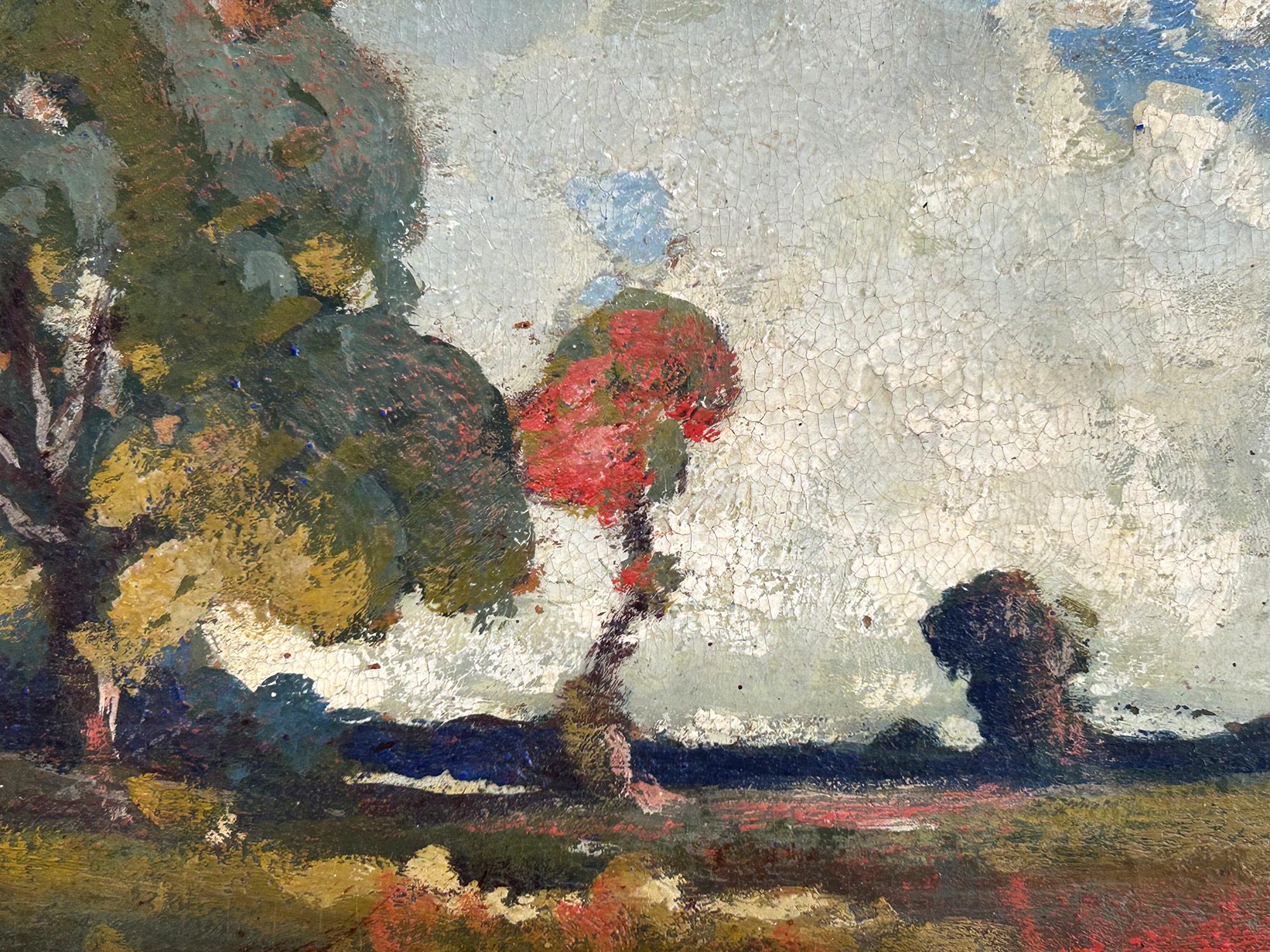„Tonalistische Landschaft“ Ölgemälde einer englischen Landschaft mit üppigen Bäumen und Wolken (Braun), Landscape Painting, von William Emerson