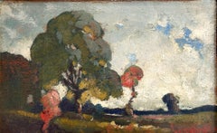 "Tonalist Landscape" Oil Painting of English Landscape with Lush Trees & Clouds