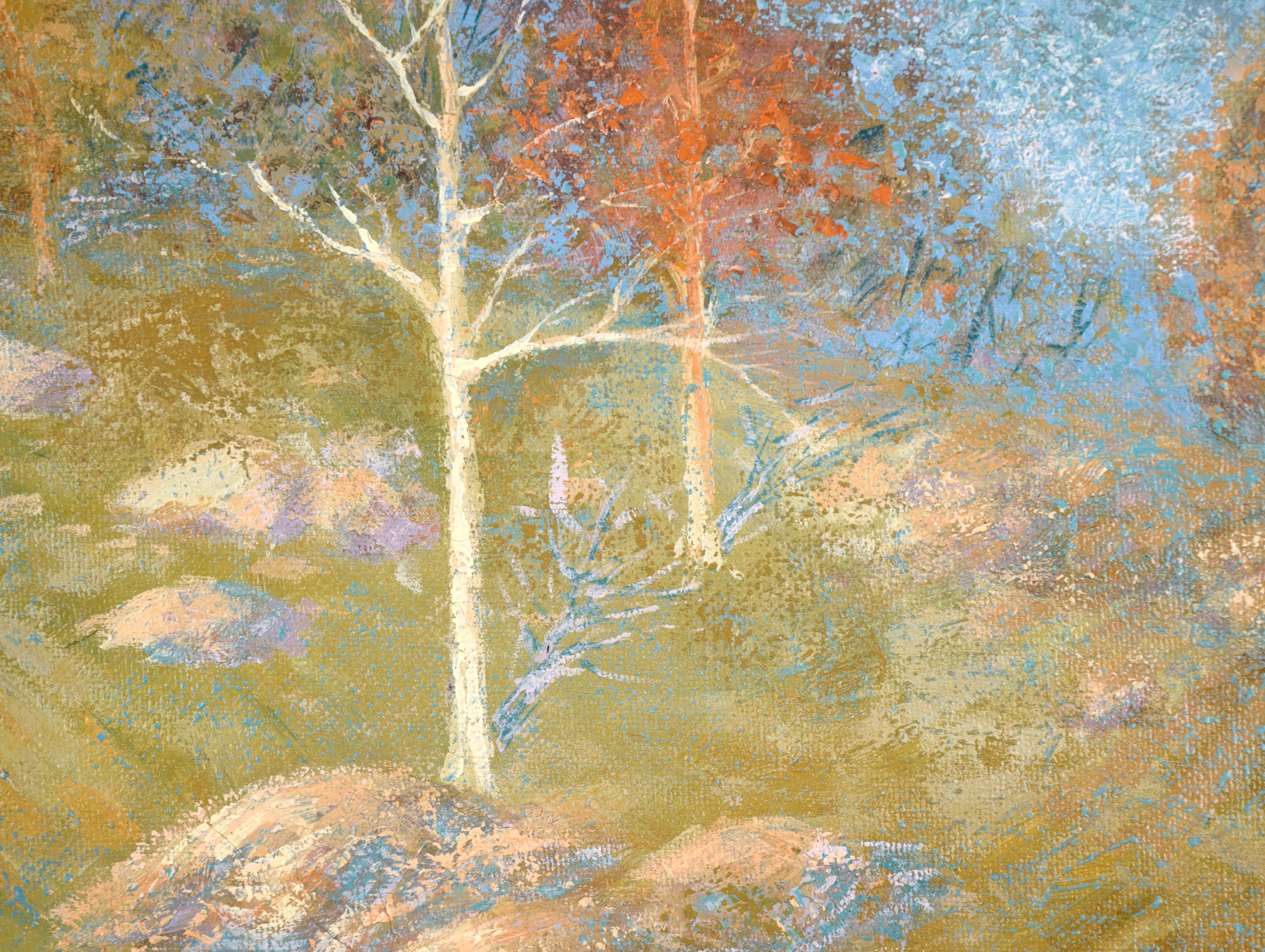 Lovely and bright hillside landscape by William Horsbrugh-Porter RHA (Irish, 1905-1985). Several aspens and other trees are showing lovely fall foliage, nestled on the side of a rocky hill. A path runs along the bottom of the composition. There is