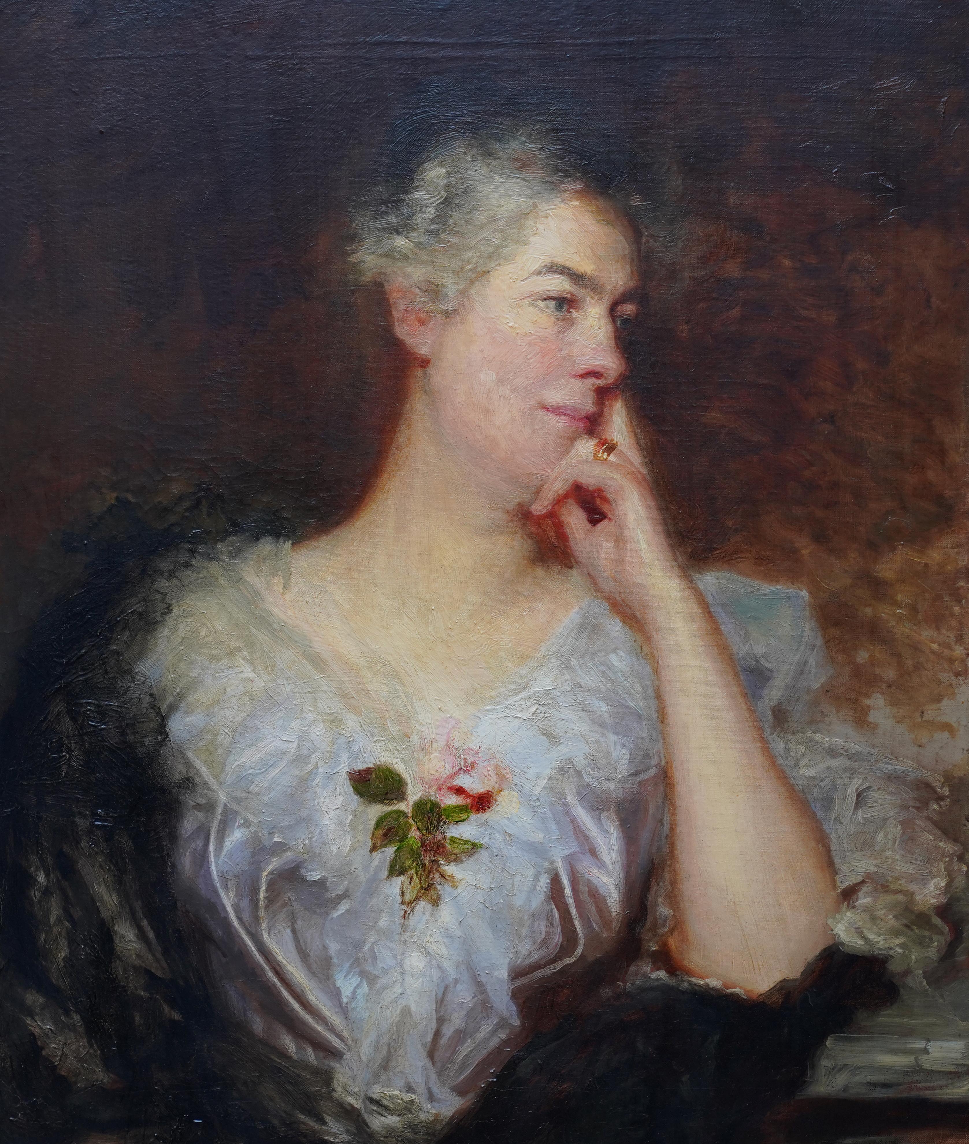 Portrait d'une femme avec une rose - Art britannique - Peinture à l'huile d'un portrait de maître ancien en vente 6