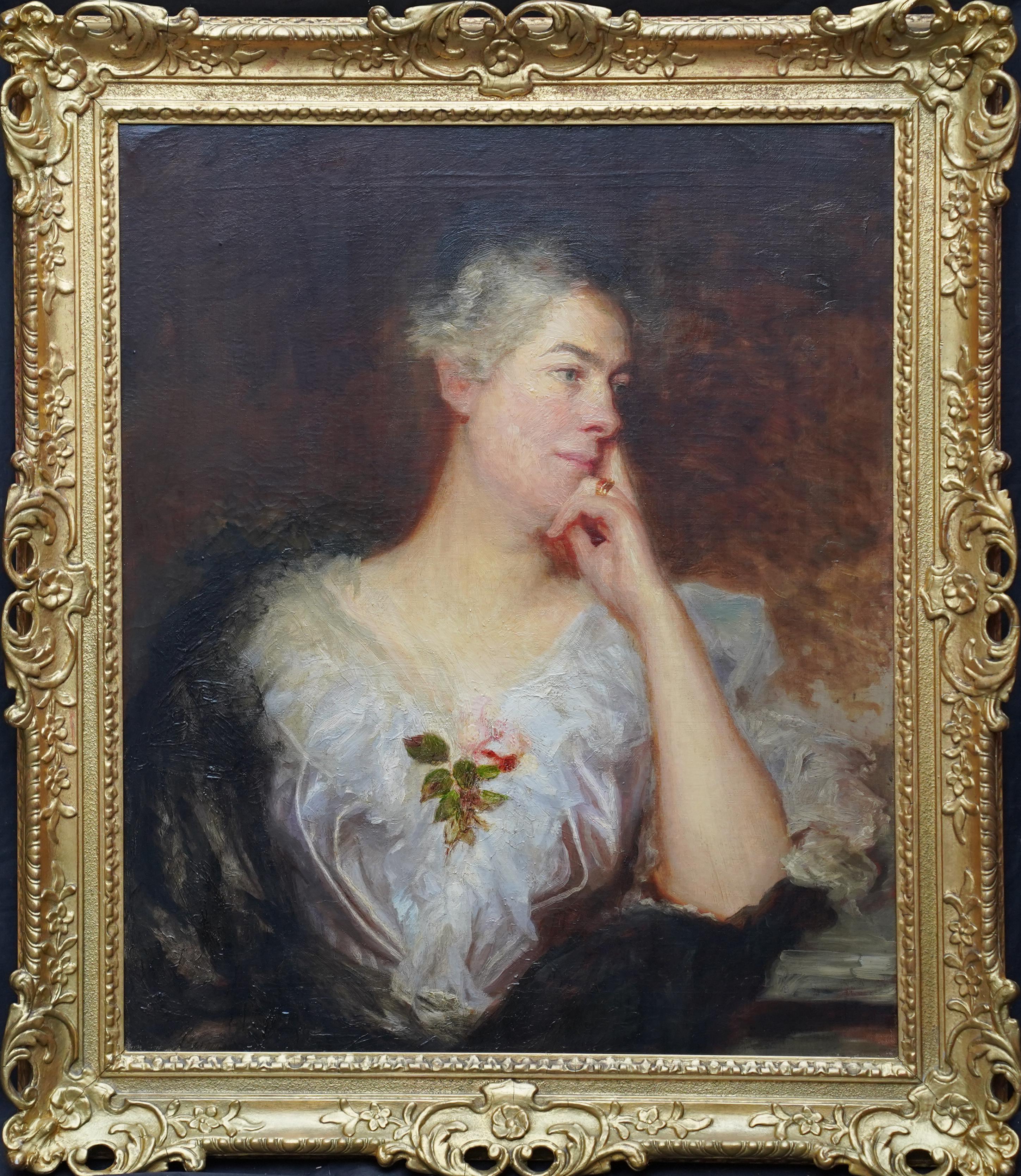 Portrait d'une femme avec une rose - Art britannique - Peinture à l'huile d'un portrait de maître ancien en vente 7