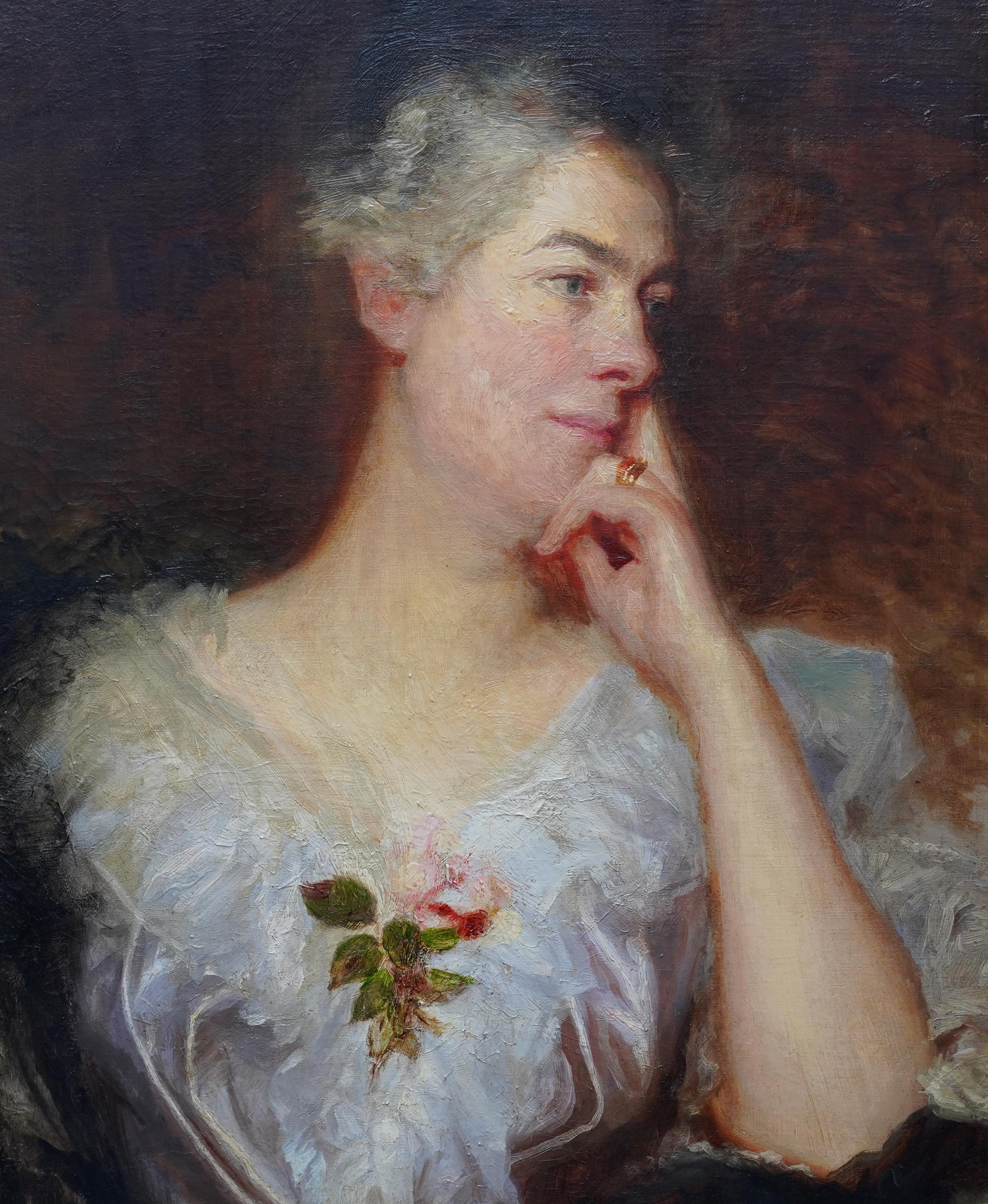 Portrait d'une femme avec une rose - Art britannique - Peinture à l'huile d'un portrait de maître ancien - Maîtres anciens Painting par William Etty (circle)