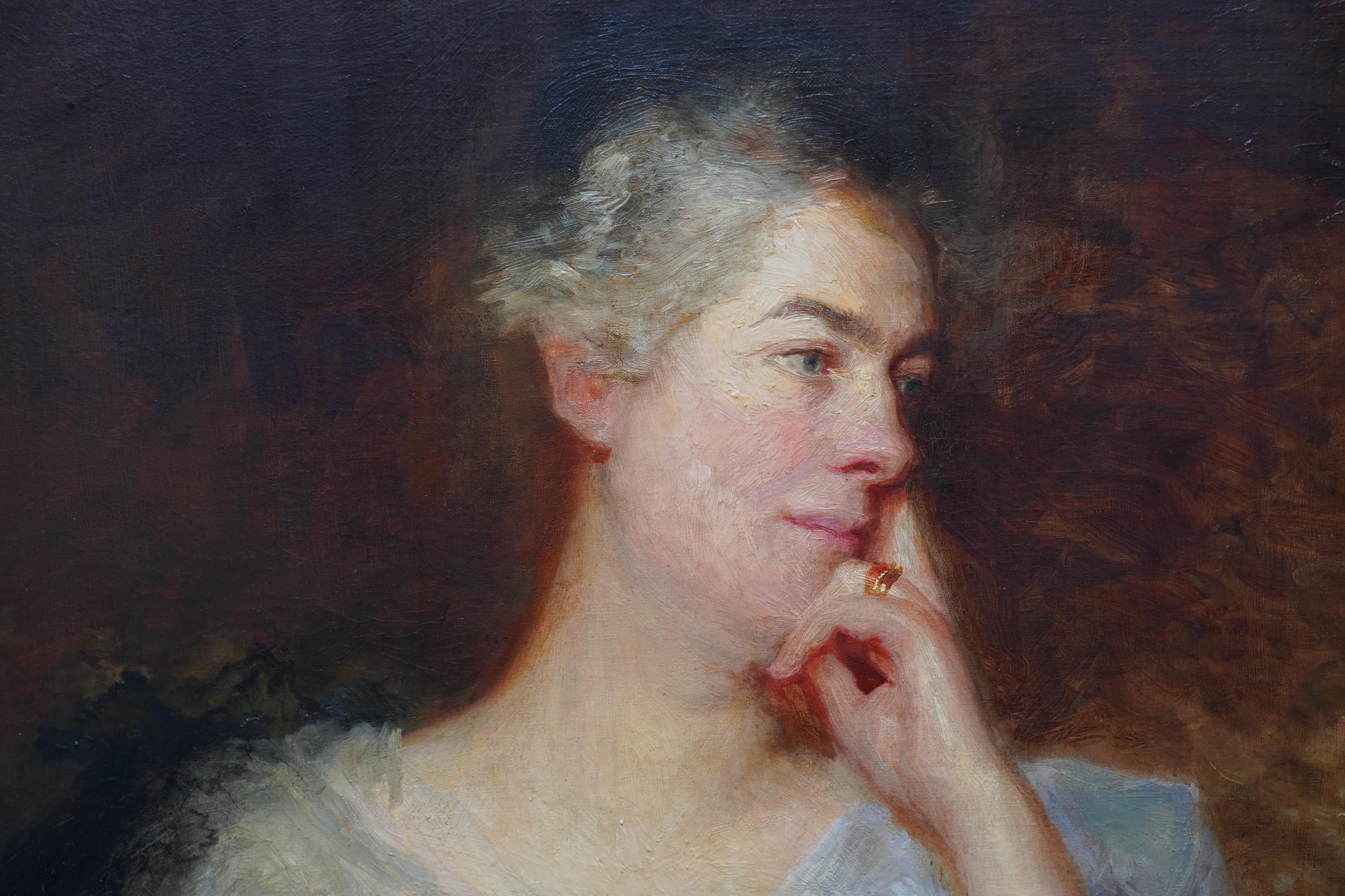 Portrait d'une femme avec une rose - Art britannique - Peinture à l'huile d'un portrait de maître ancien en vente 1