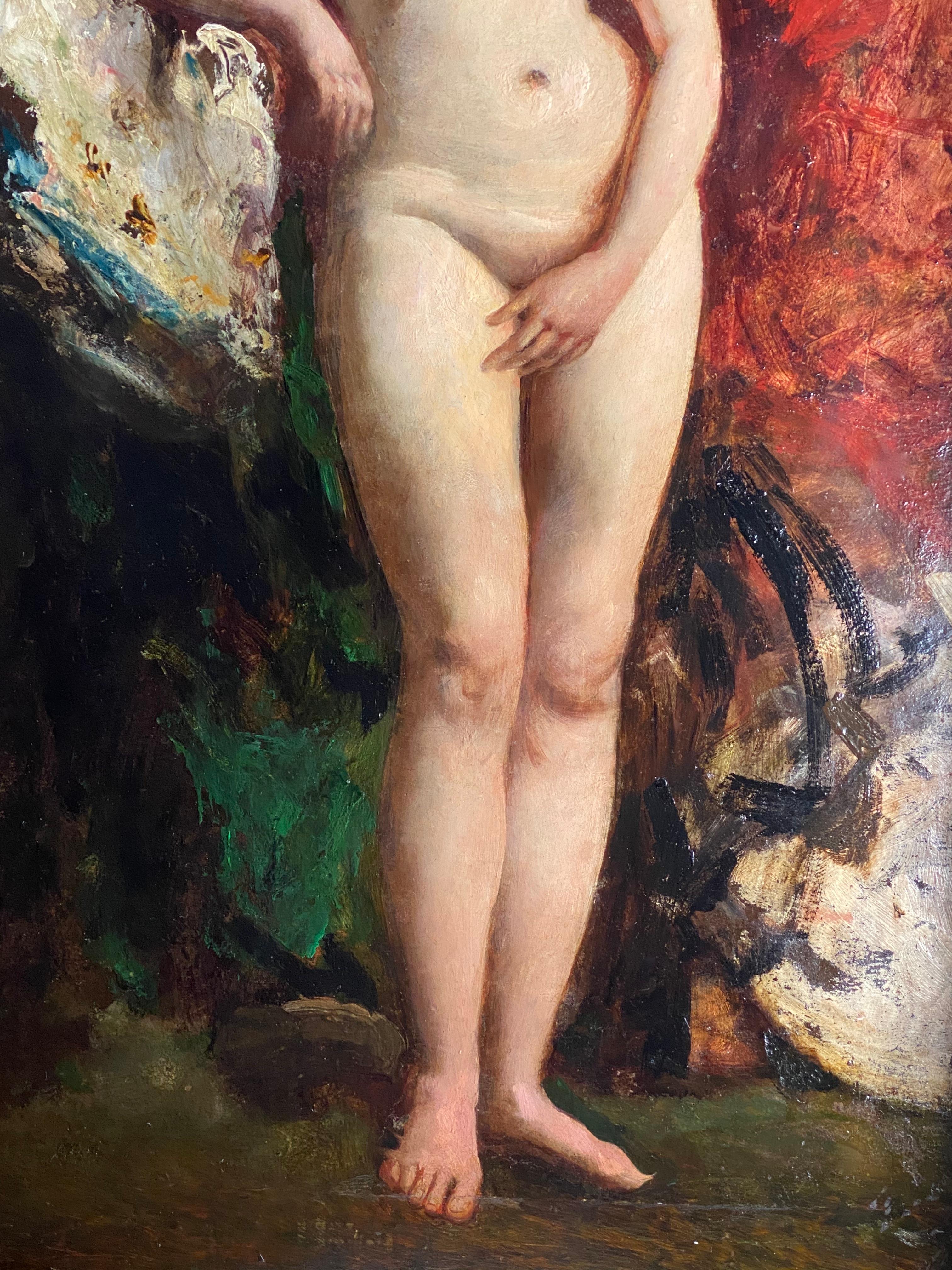 19th Century English Standing Female Nude with Red Drapery  - Black Interior Painting by William Etty R.A.