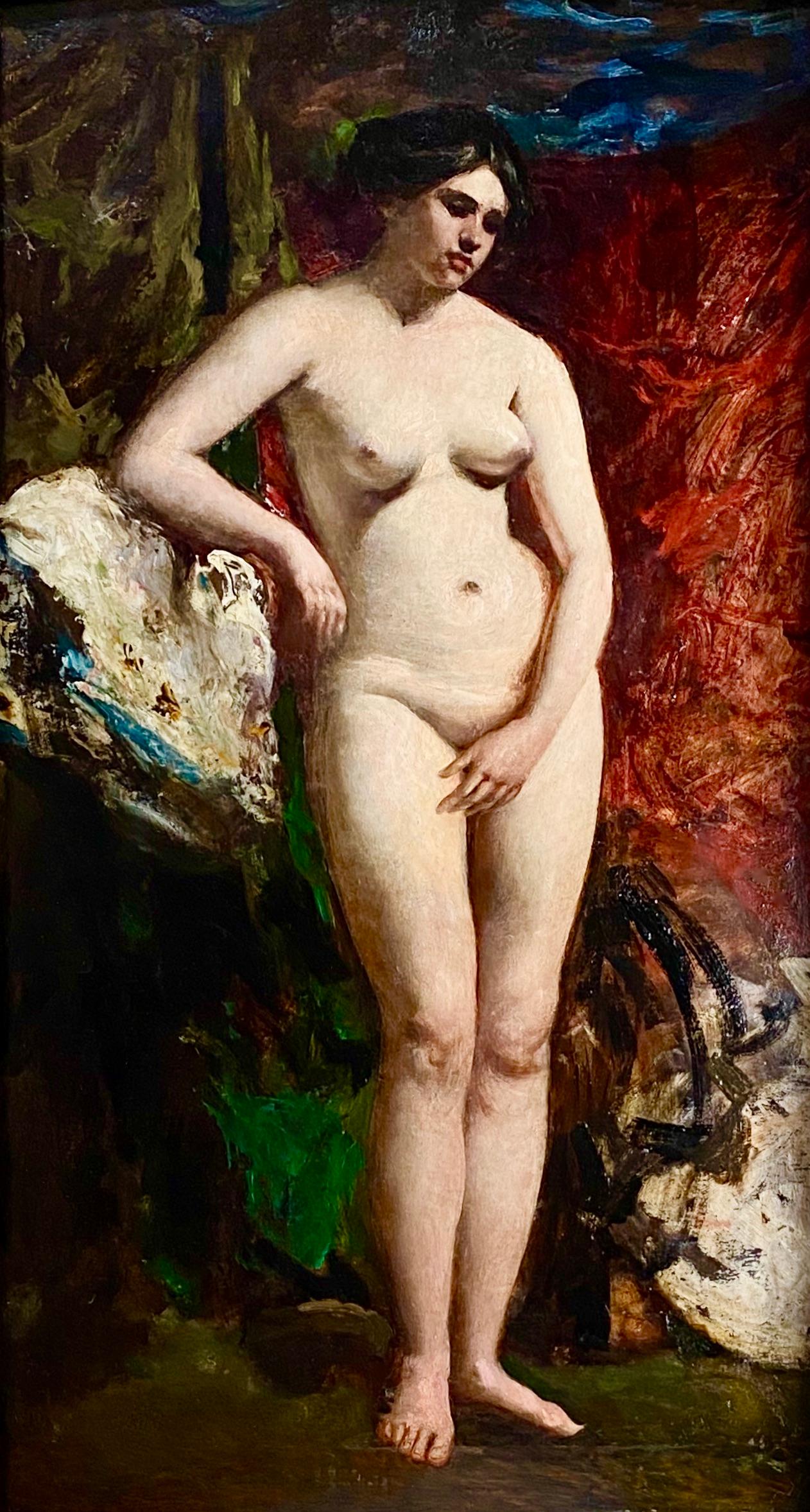 William Etty R.A. Interior Painting - 19th Century English Standing Female Nude with Red Drapery 