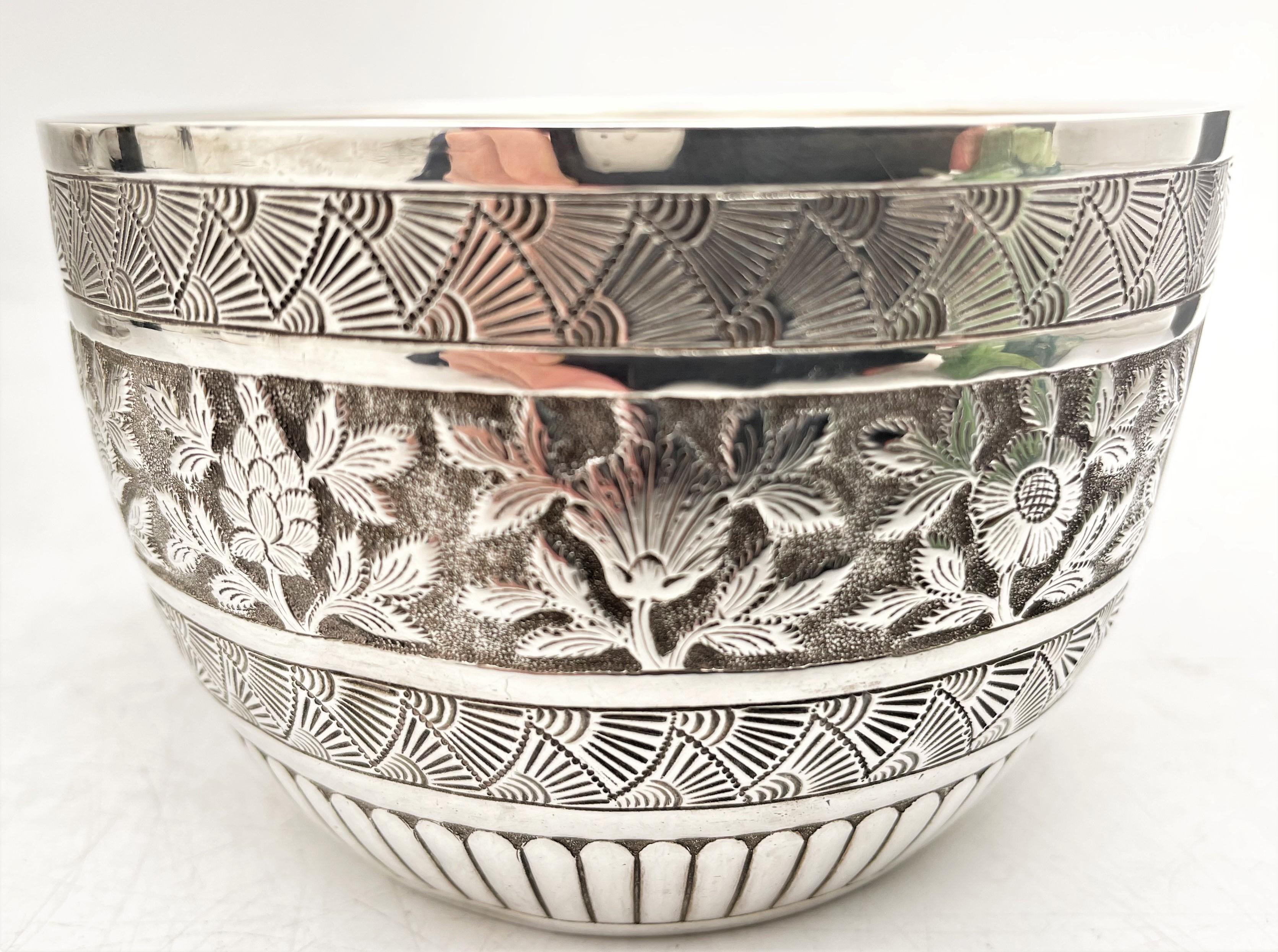 William Evans sterling silver bowl from 1881 (Victorian era), with ornate floral and geometric motifs adorning the exterior in a frieze-like design. It measures 4 1 /4'' in diameter by 2 7/8'' in height, weighs 5 troy ounces, and bears hallmarks as