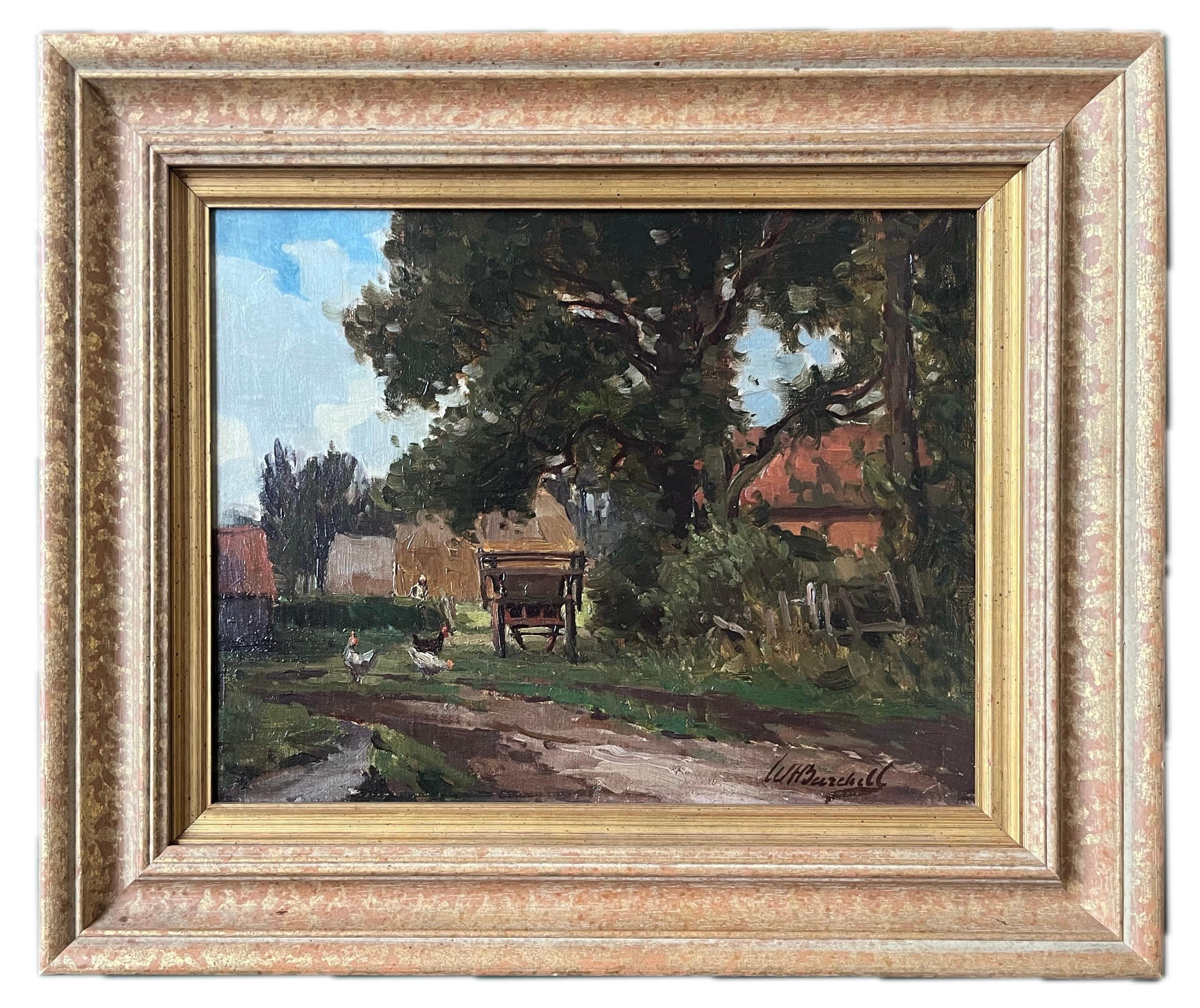 William F. Burchell,  Óleo original de gallinas en un corral