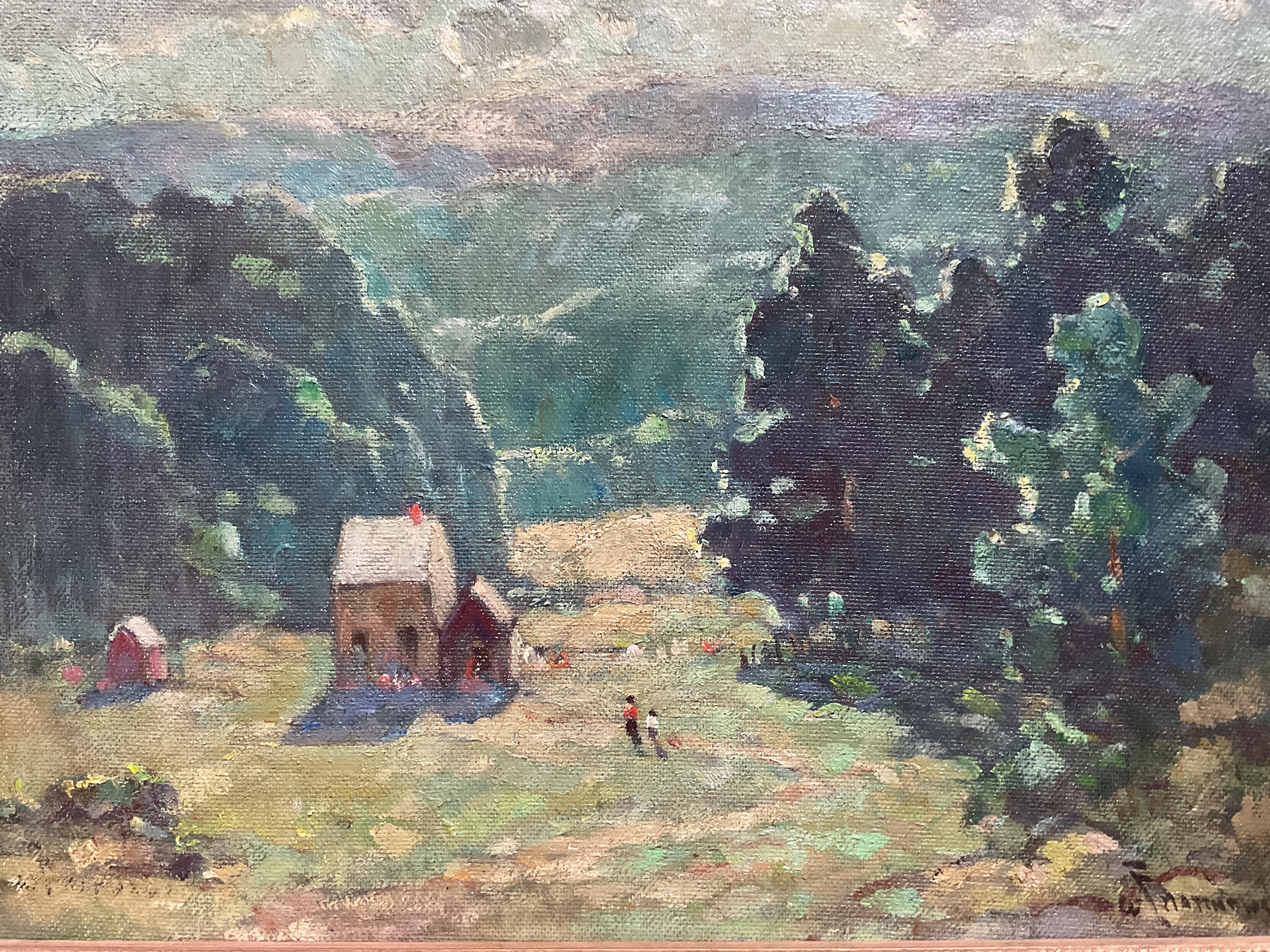 Bellissimo paesaggio montano dipinto ad olio da William F. Matthews, 1940 ca. 1
