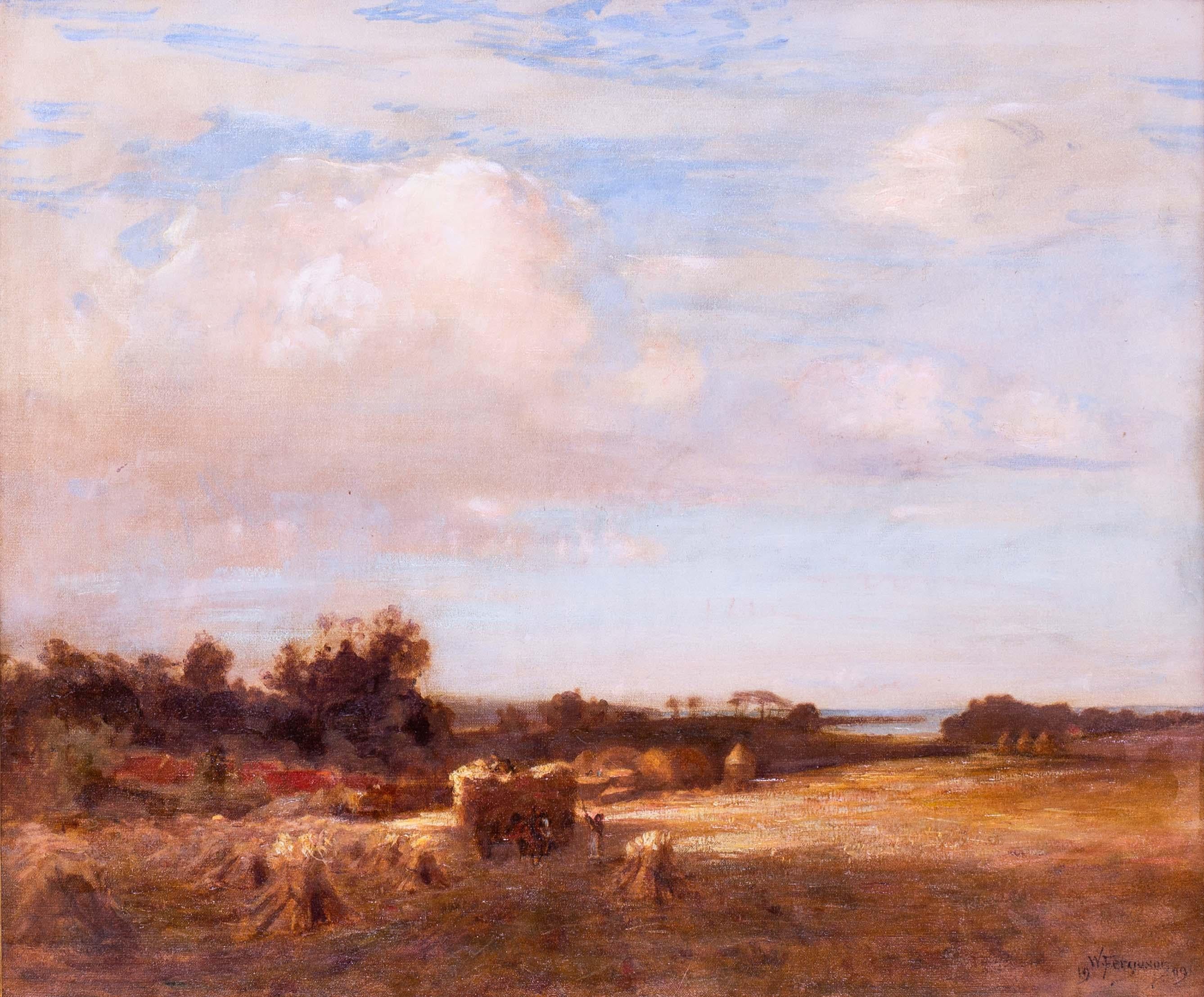 1909 Royal Academy painting of harvesting before the coast by Ferguson - Painting by William Ferguson