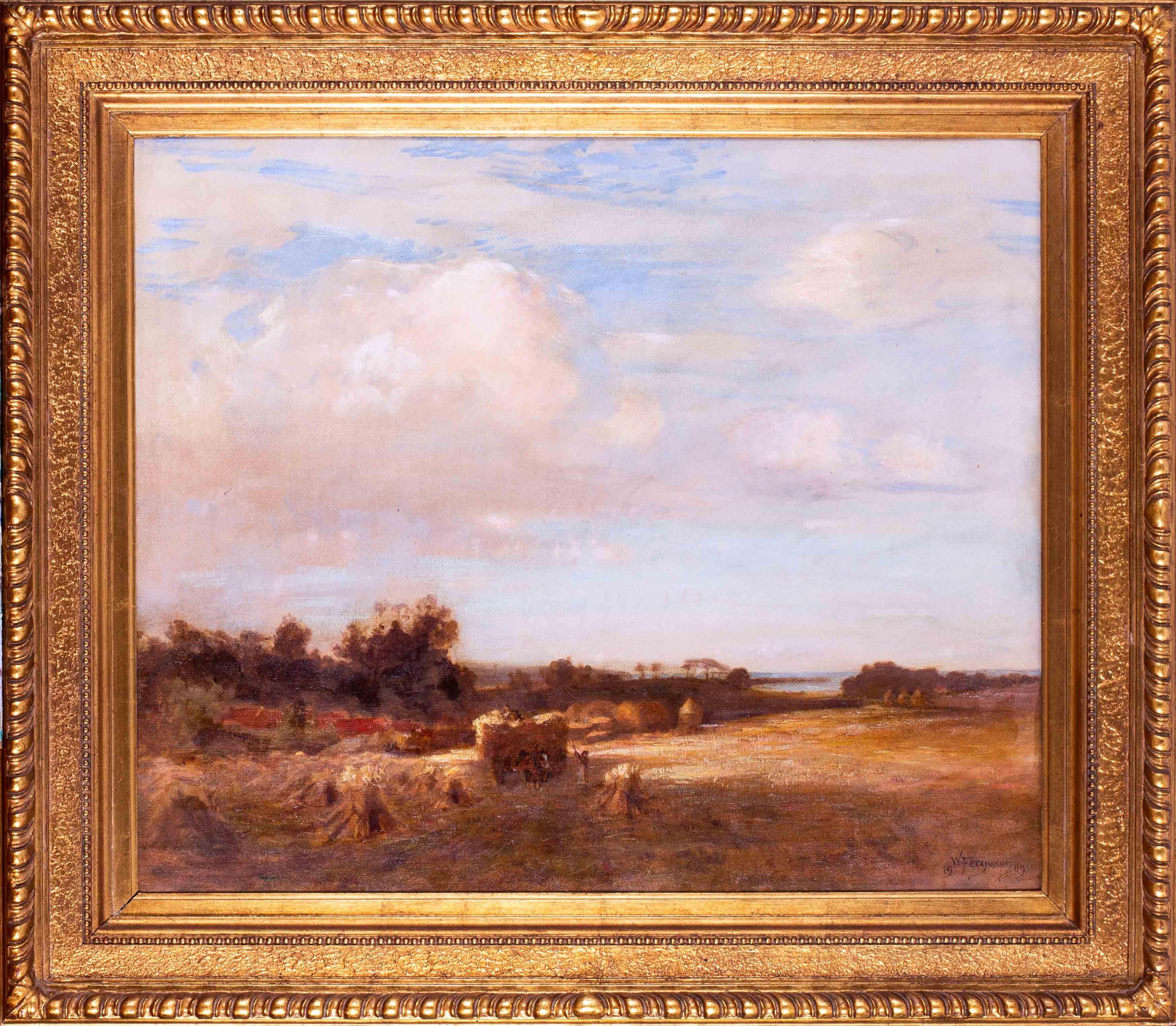 William Ferguson Landscape Painting - 1909 Royal Academy painting of harvesting before the coast by Ferguson