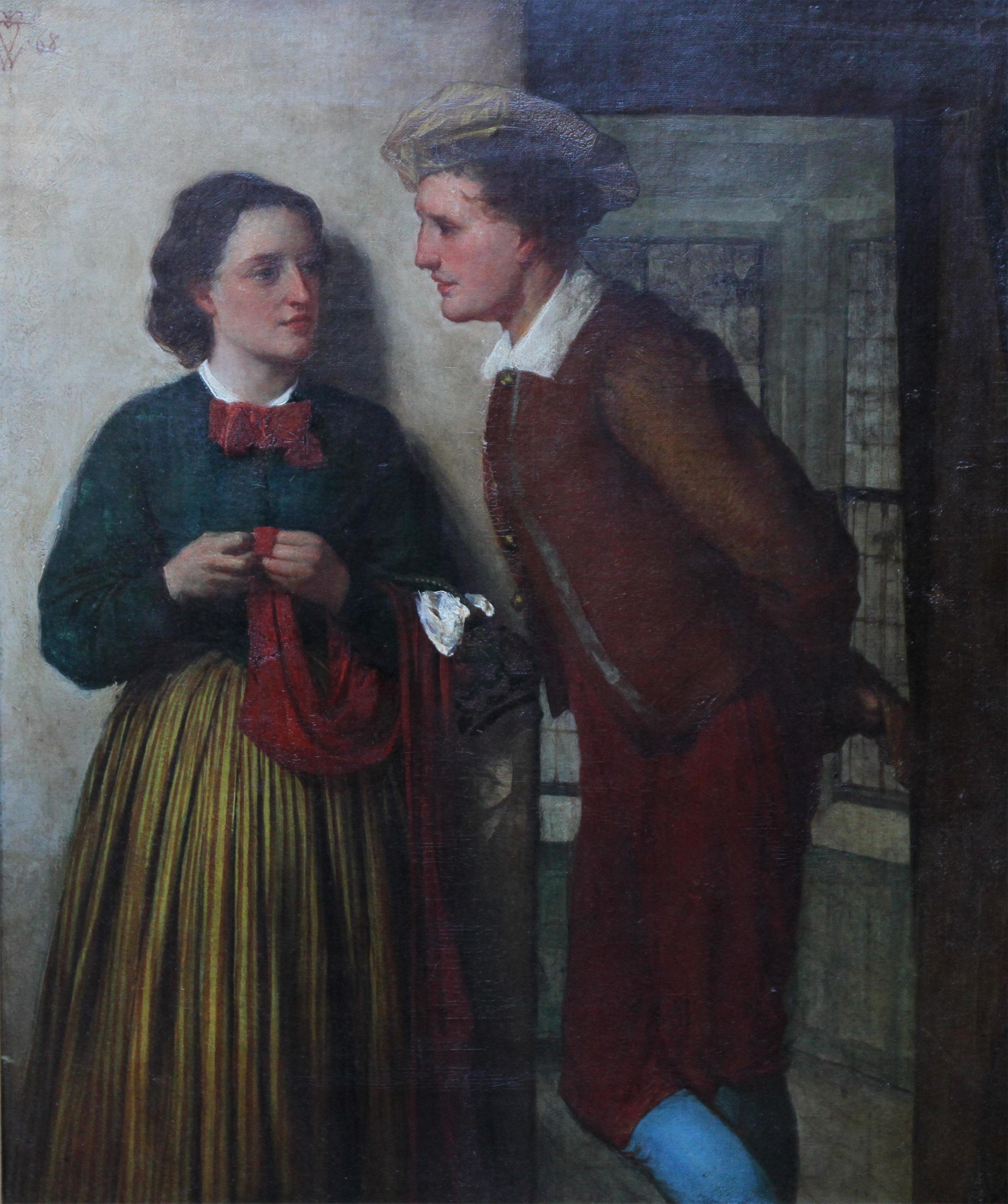 The Gossip - Scottish 19thC art Victorian oil painting young romantic couple - Victorien Painting par William Fettes Douglas