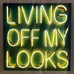 Acryl und Neon auf Tafel mit dem Titel: LIVING OFF MY LOOKS