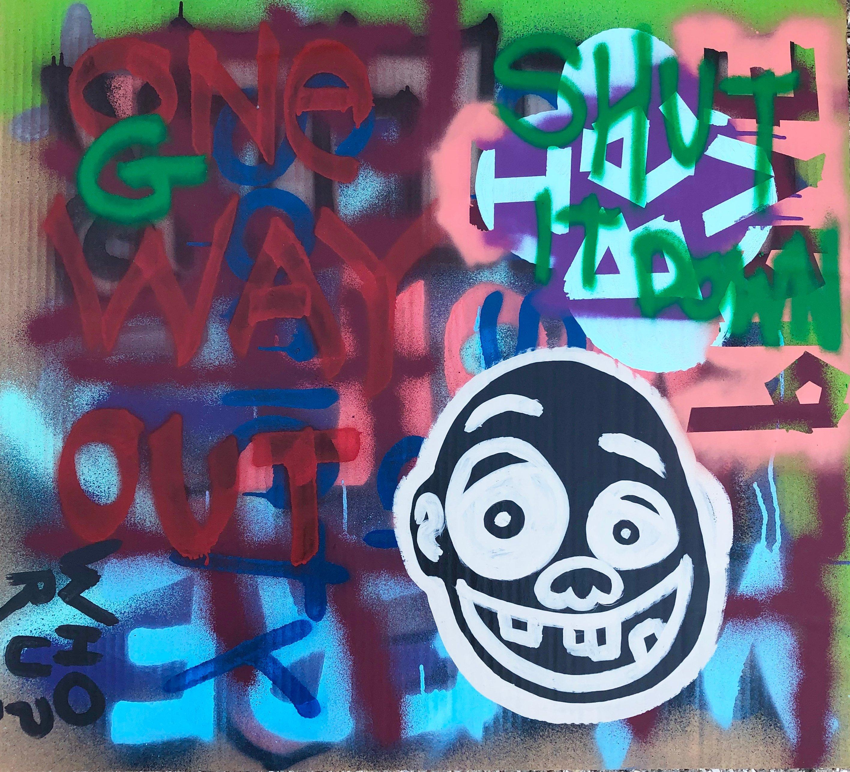 William Finlayson Abstract Painting - Acrylic on Cardboard Titled: “Shut it Down”  30 x 33.25
