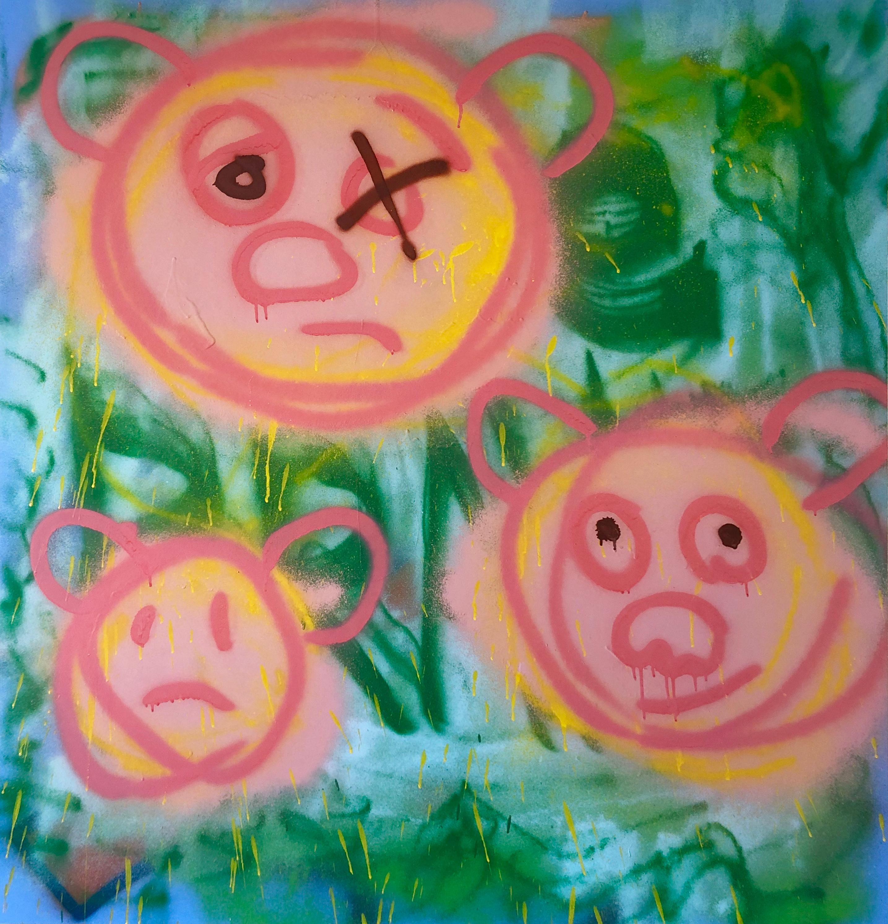 Acrylic on Panel Titled: “3 Pig-Bears” - Mixed Media Art by William Finlayson